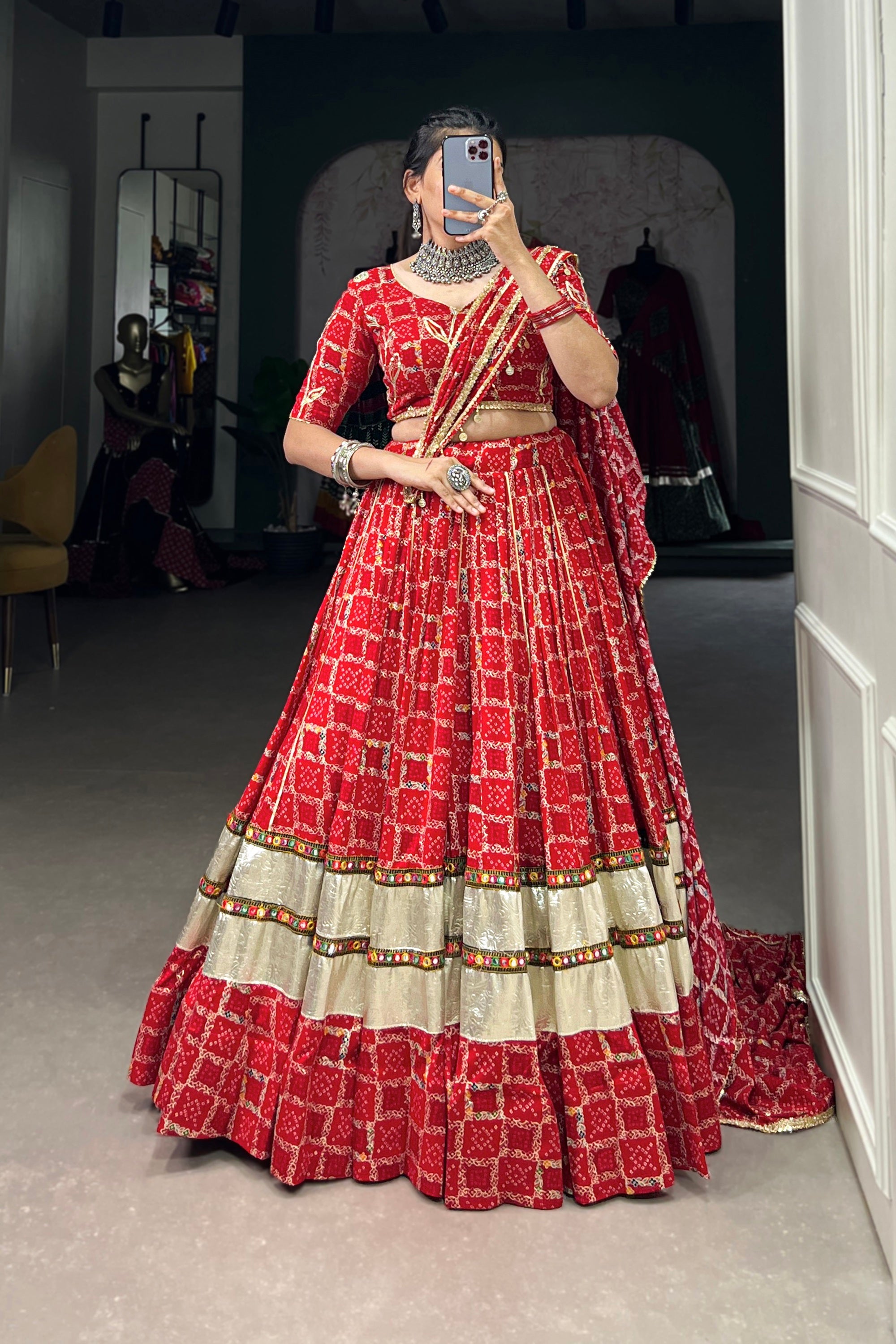 Red Color Foil Printed With Gota Patti And Paper Mirror Work Rayon Cha