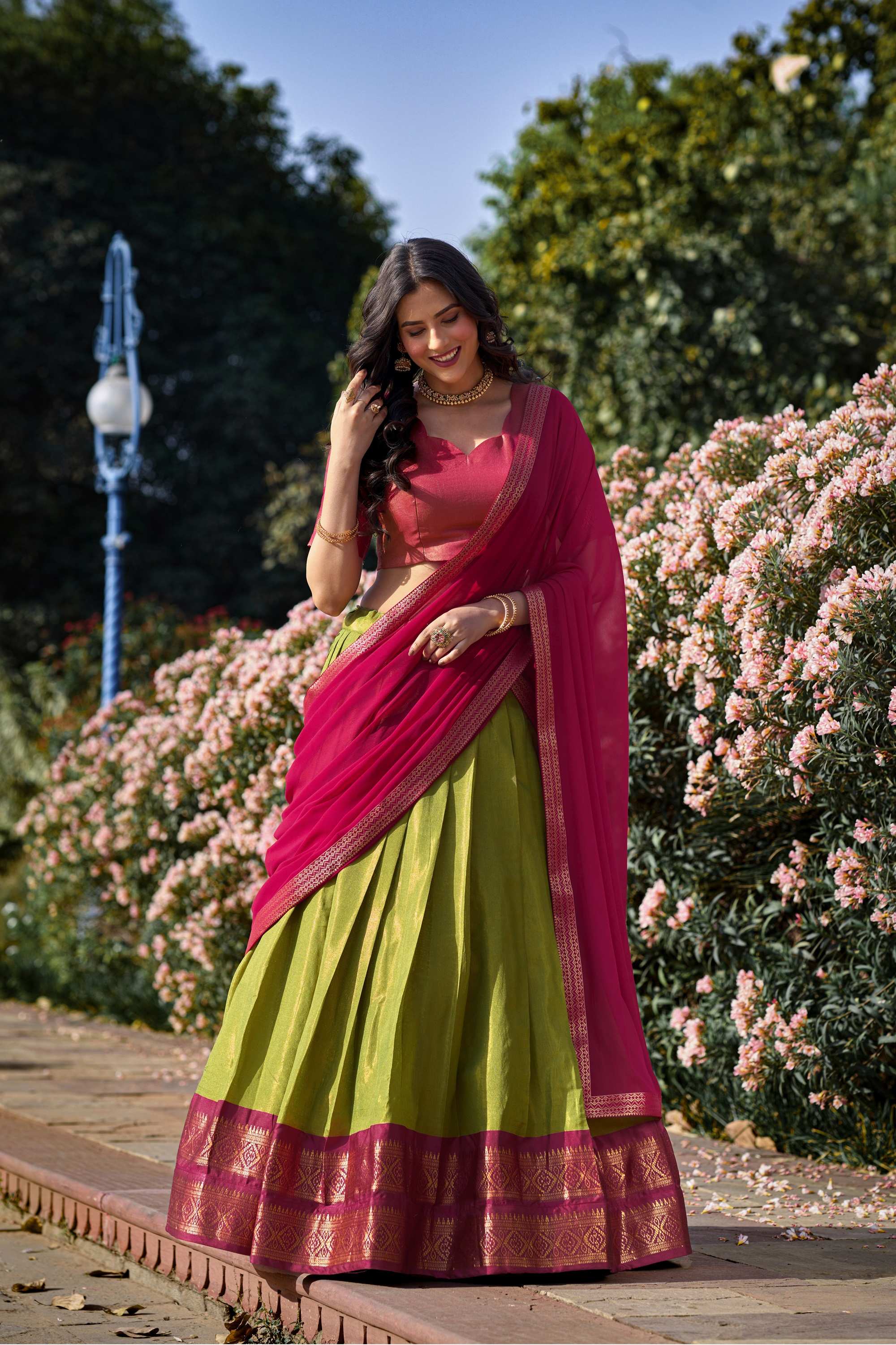 Pista Green Breathtaking South-Indian Kanchipuram Silk Lehenga Choli Set with Zari Weaving Pista Green Breathtaking South-Indian Kanchipuram Silk Lehenga Choli Set with Zari Weaving