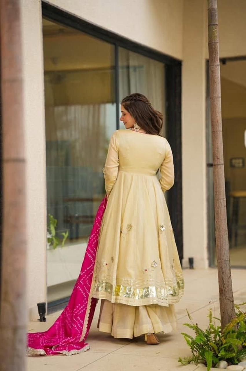 Handmade Anarkali Plazzo Set with Bandhani Dupatta Handmade Anarkali Plazzo Set with Bandhani Dupatta