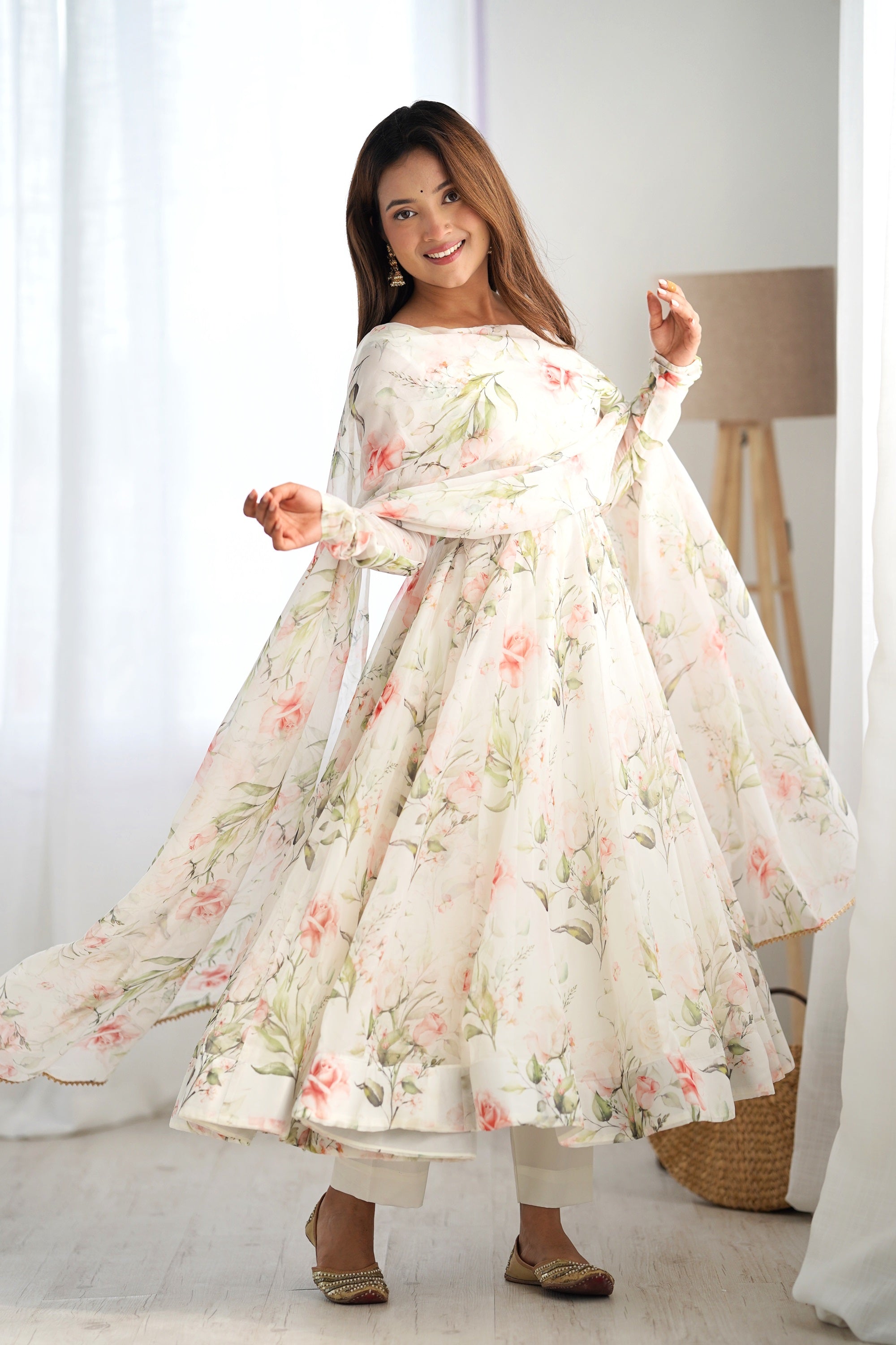 floral silk anarkali dress Pear Green Floral Embroidered Chinon Silk Anarkali Dress, S