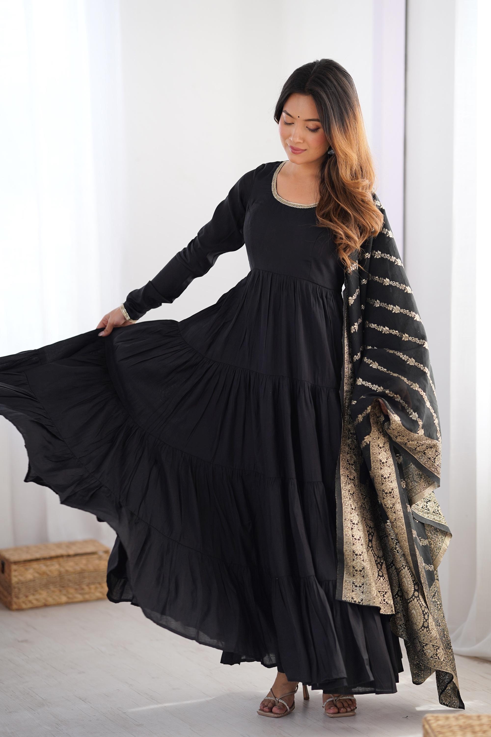 Chiffon Black Anarkali Dress Black Roman Silk Four-Layer Anarkali Gown Set Chiffon Black Anarkali Dress Black Roman Silk Four-Layer Anarkali Gown Set