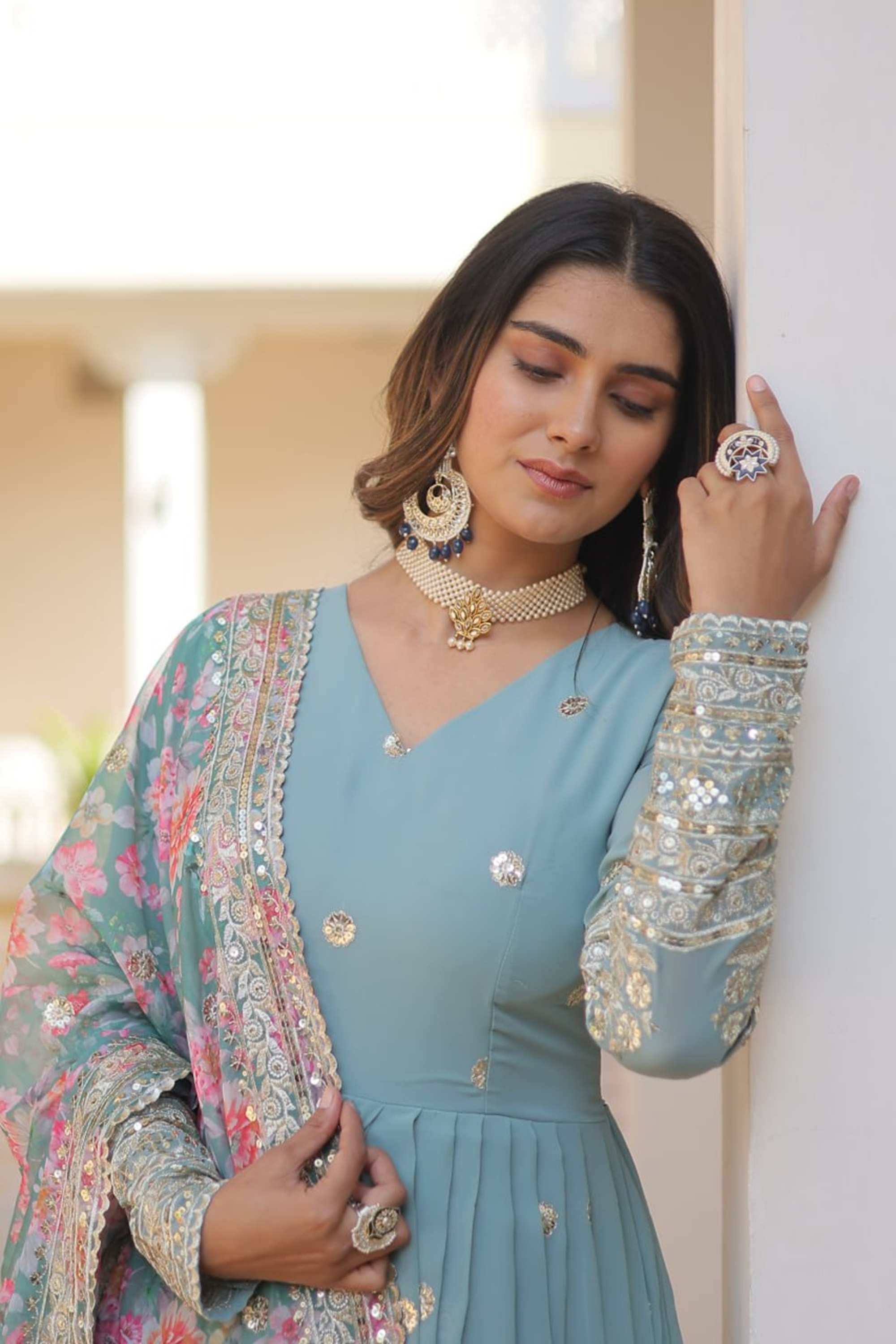 Sky Blue Heavy Embroidery Work Gown with Dupatta Sky Blue Heavy Embroidery Work Gown with Dupatta