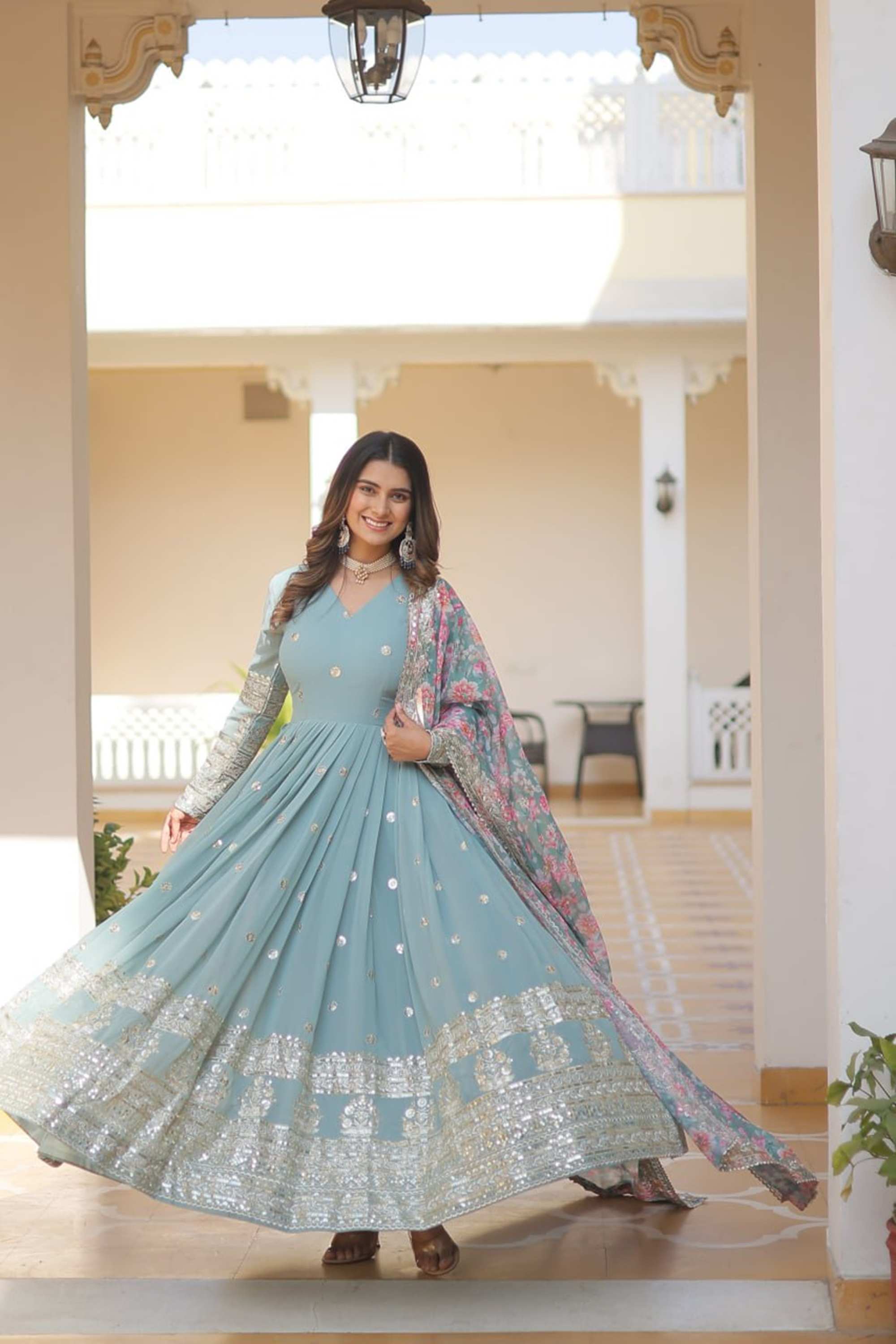 Sky Blue Heavy Embroidery Work Gown with Dupatta Sky Blue Heavy Embroidery Work Gown with Dupatta