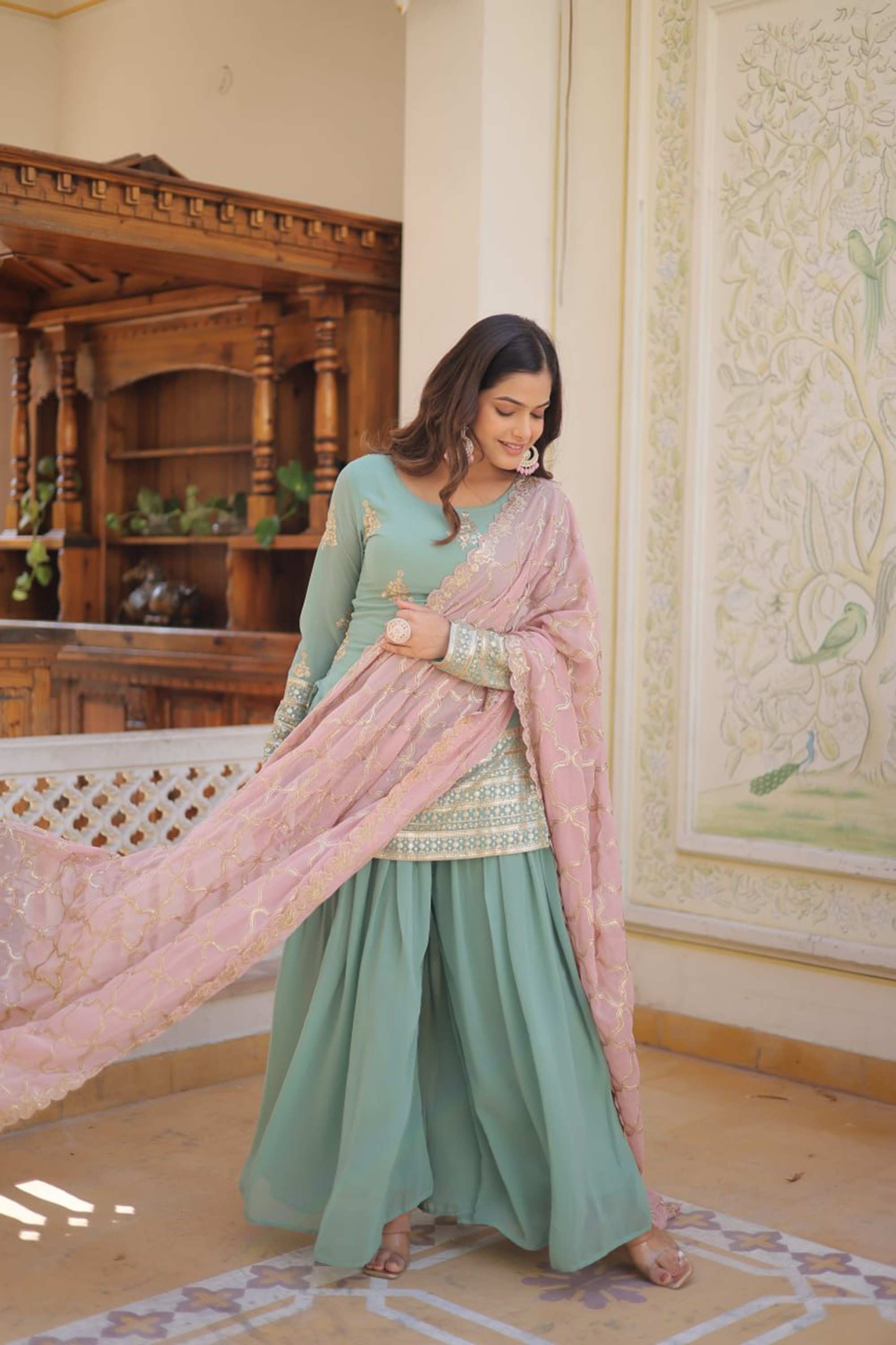 green plazo dress Bottle Green Designer Top Adorned with Exquisite Embroidered Palazzo S Seerat Ethnic