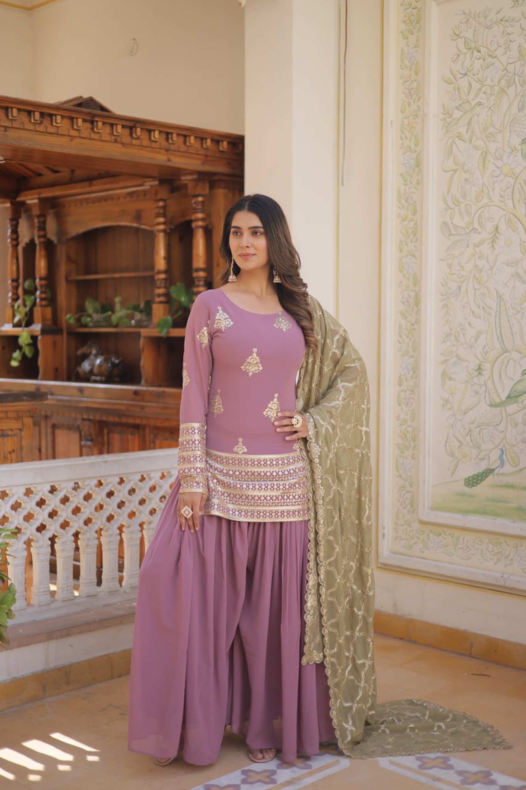 Onion Color Palazzo Suit with Embroidery Work Onion Color Palazzo Suit with Embroidery Work