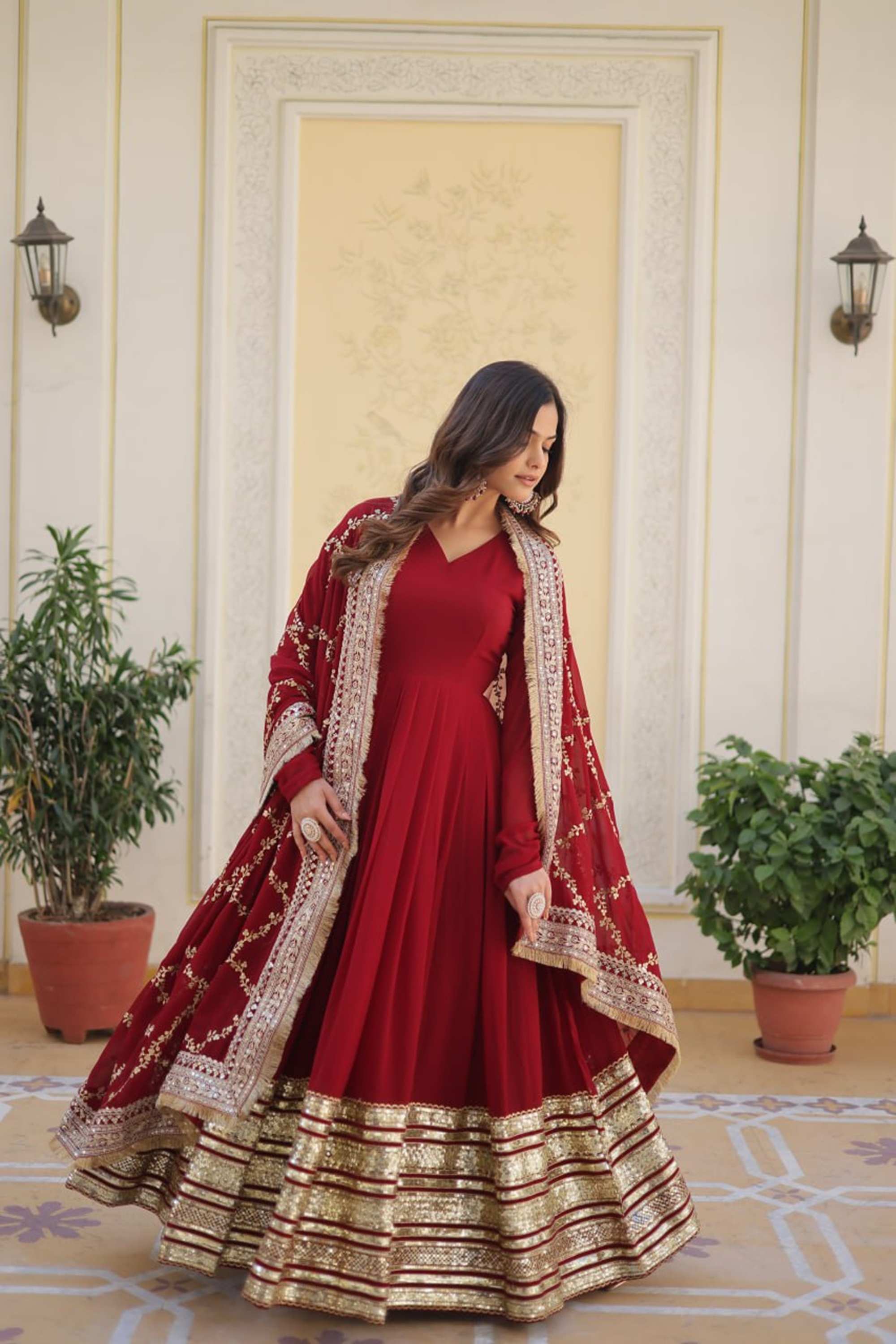 Luxurious Maroon Heavy Designer Gown with Dupatta