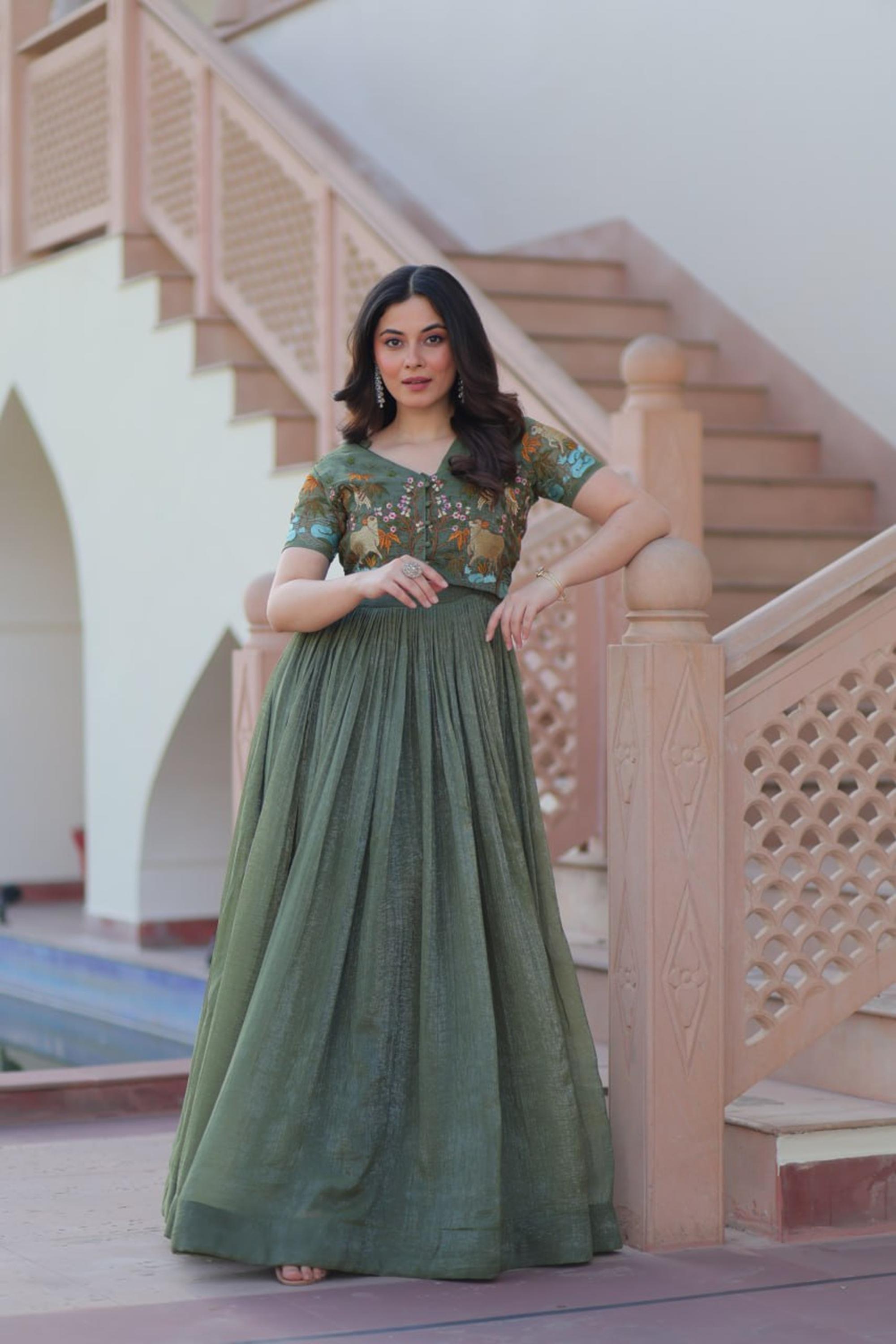 Metal Green Jacket Style South Indian Gown Set Metal Green Jacket Style South Indian Gown Set