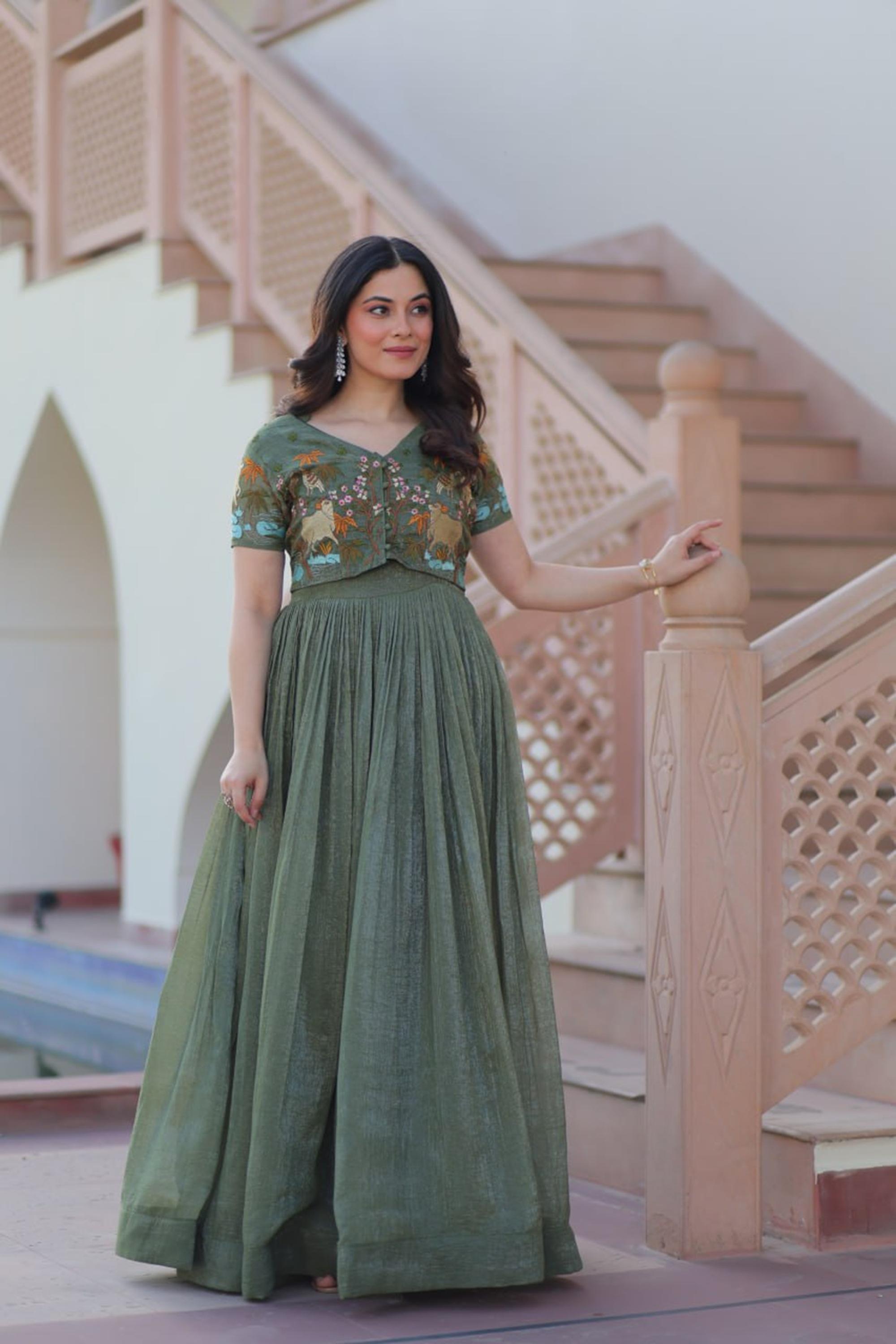 Metal Green Jacket Style South Indian Gown Set Metal Green Jacket Style South Indian Gown Set