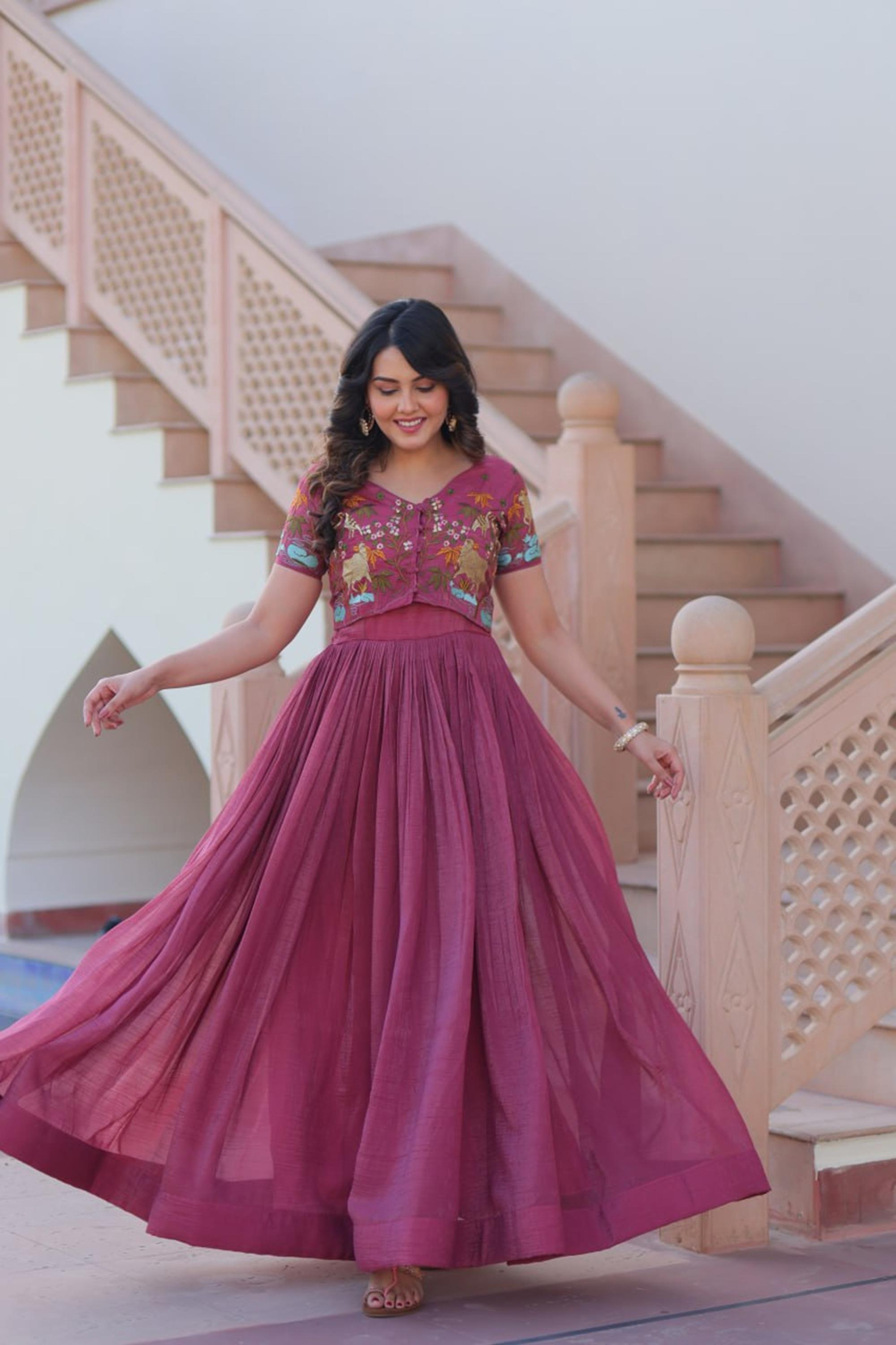 Ruby Color Jacket Style South Indian Gown Set1