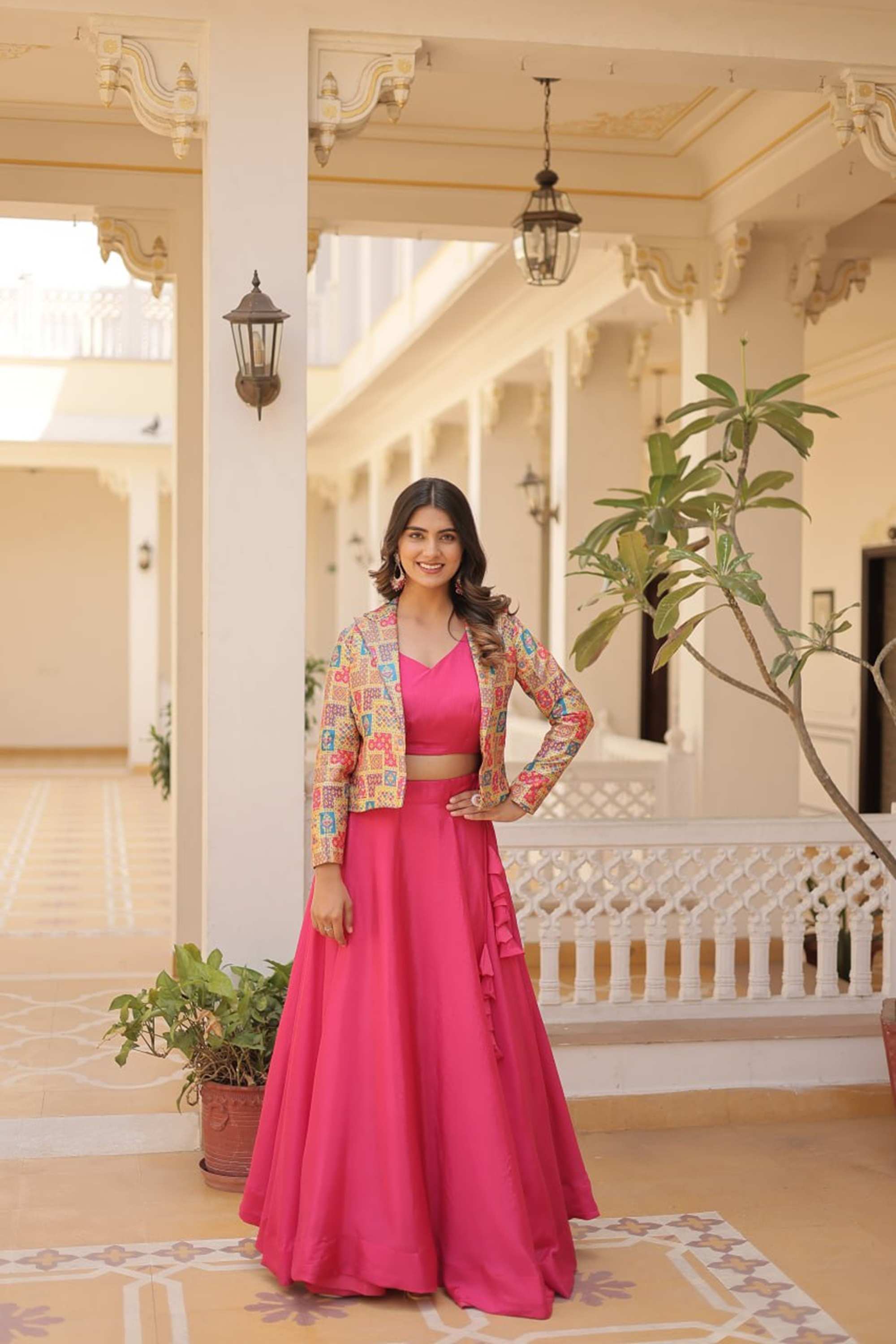 Lehenga Blouse Long Jacket Style Blouse Dazzling Pink Color