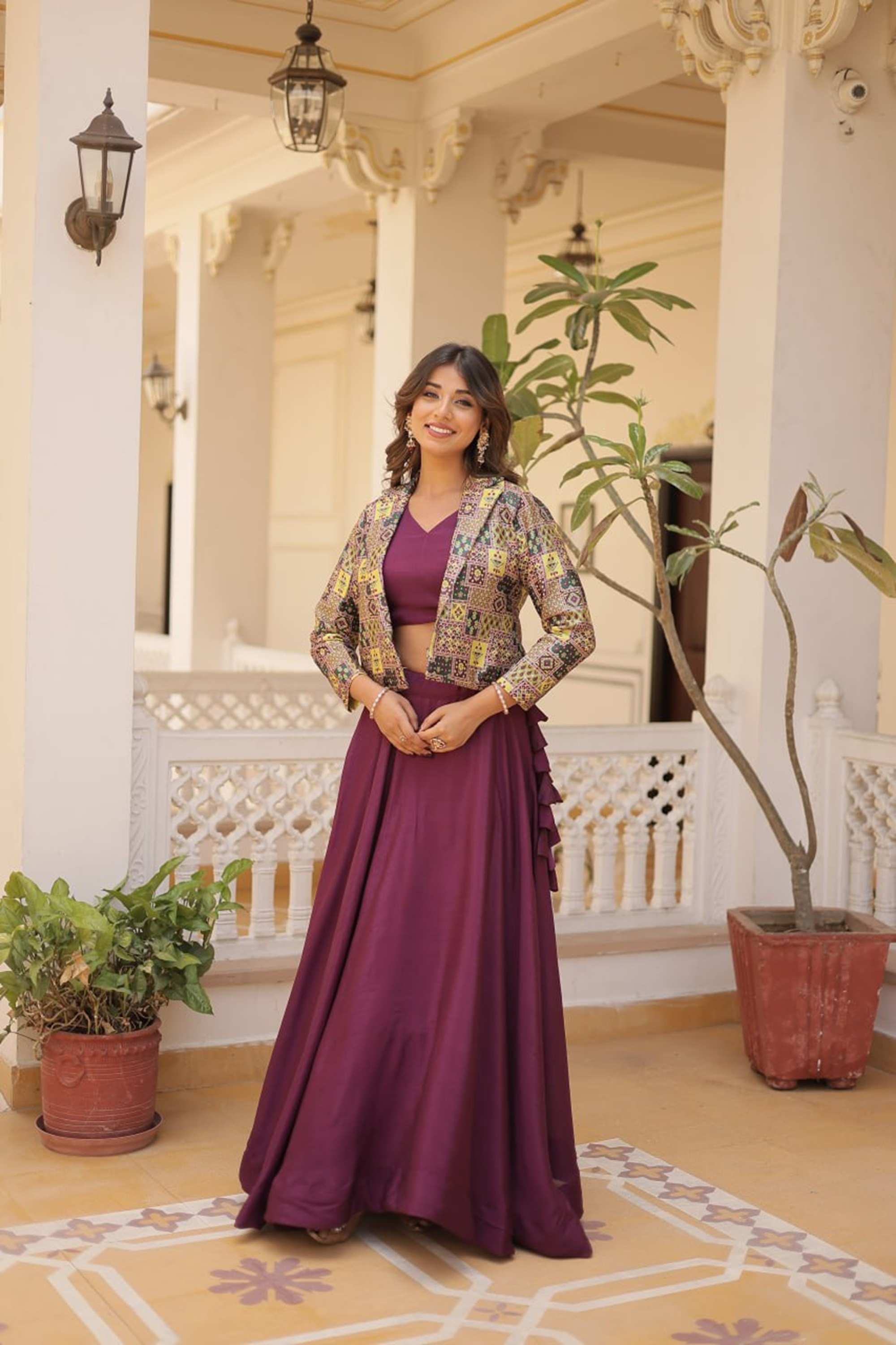 Elegant Wine Jacket Lehenga Choli Exquisite Embroidery Flare