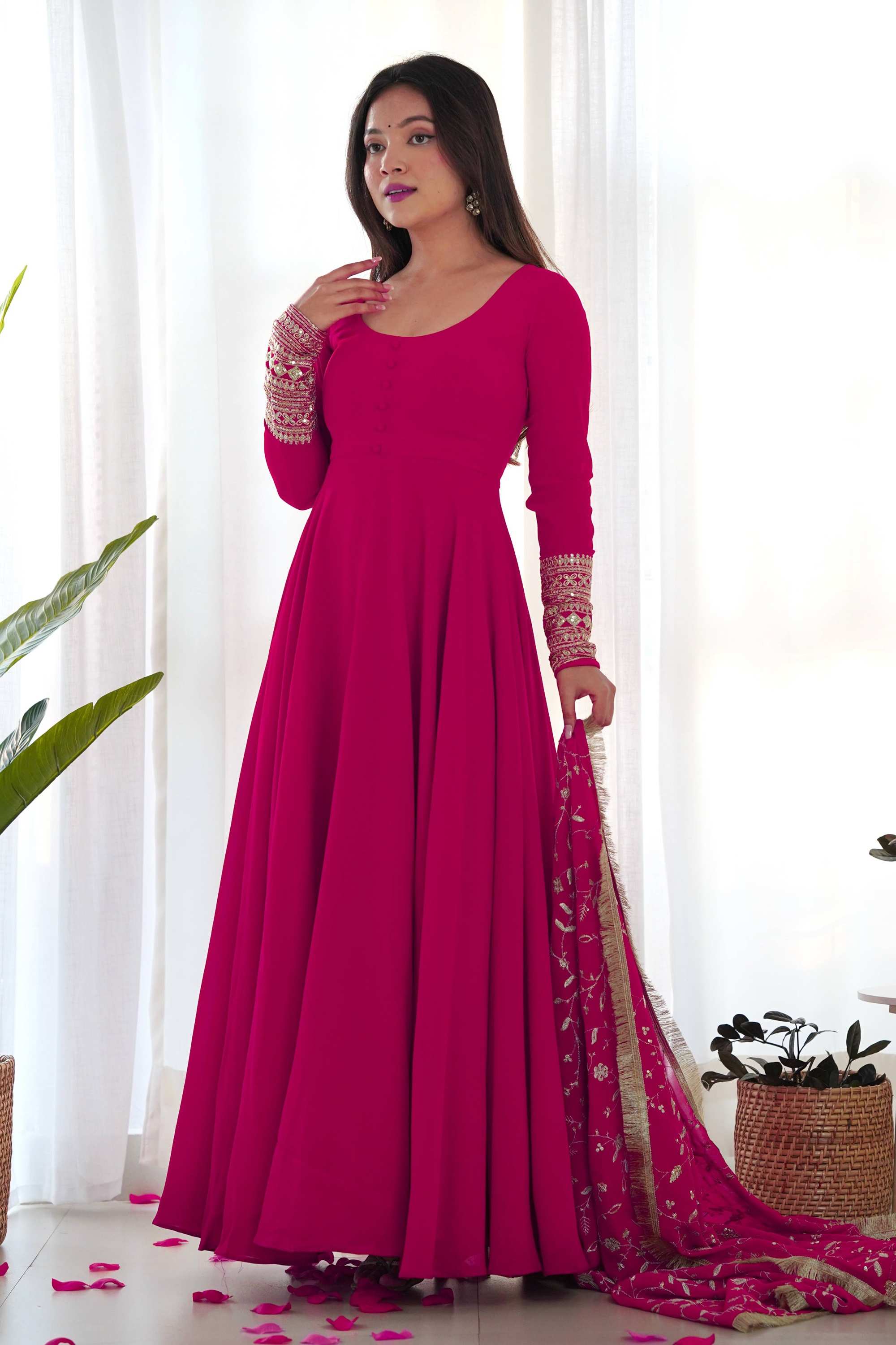 Georgette Gown Pink Party Frock Designs For Ladies Party Wear Pink And Majenta Color Georgette Fabric Georgette Gown Pink Party Frock Designs For Ladies Party Wear Pink And Majenta Color Georgette Fabric