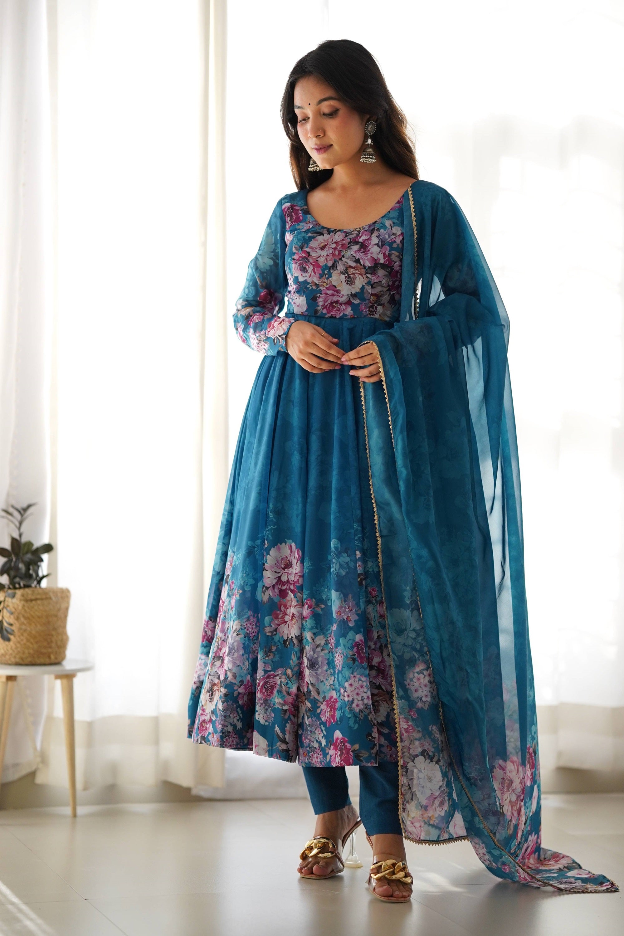 Luxurious Turkish Floral Printed Organza Anarkali Suit Set with Dupatt Luxurious Turkish Floral Printed Organza Anarkali Suit Set with Dupatt