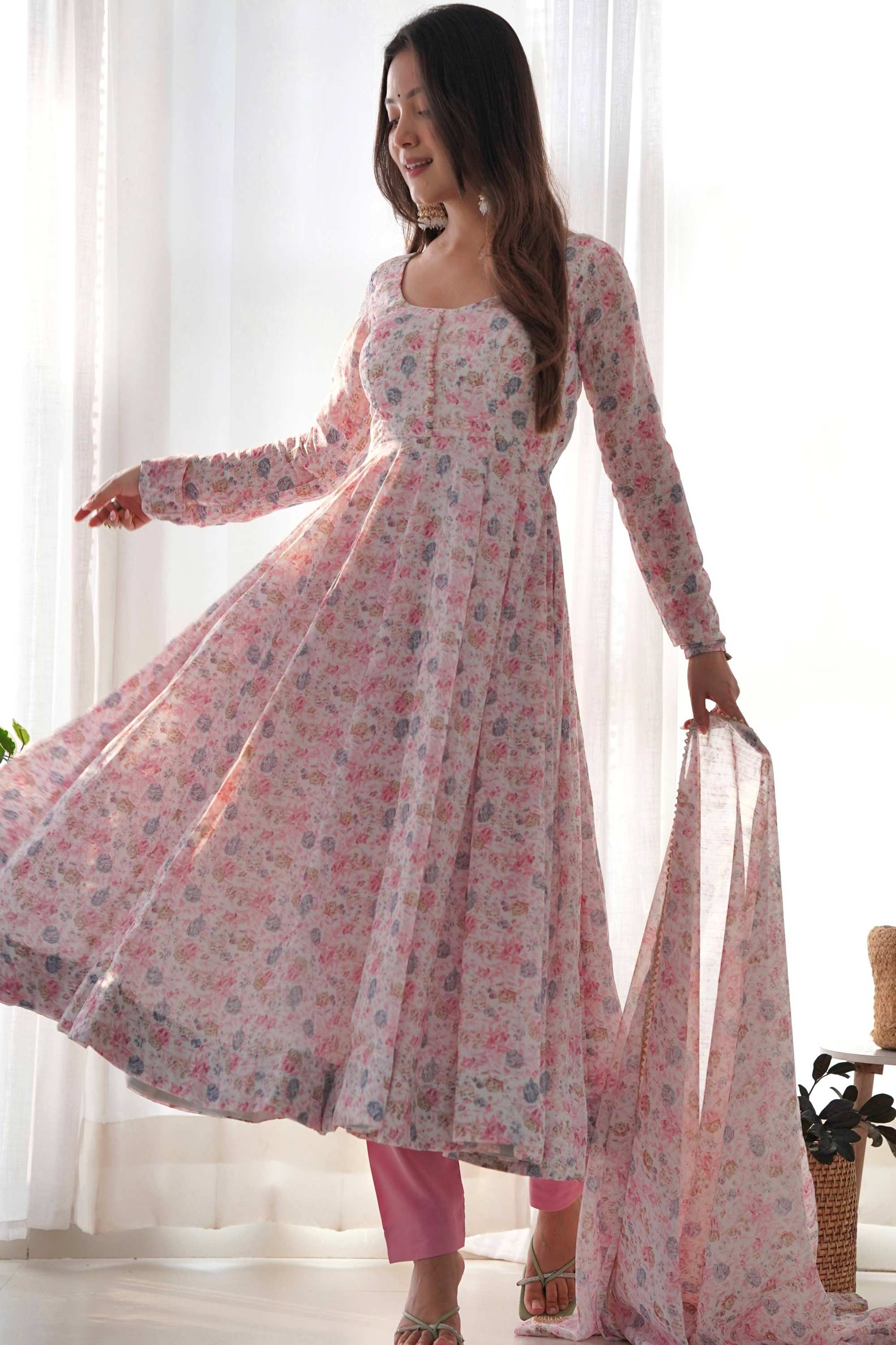 chiffon anarkali dress with dupatta Orange Hand Block Printed Chiffon Anarkali Set With Dupatta