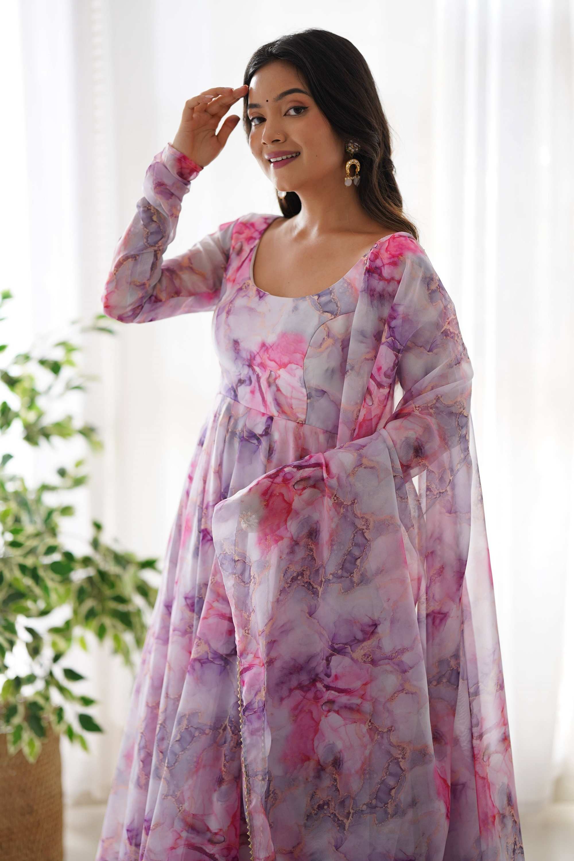 Exquisite Pink Organza Floral Print Anarkali Suit with Dupatta