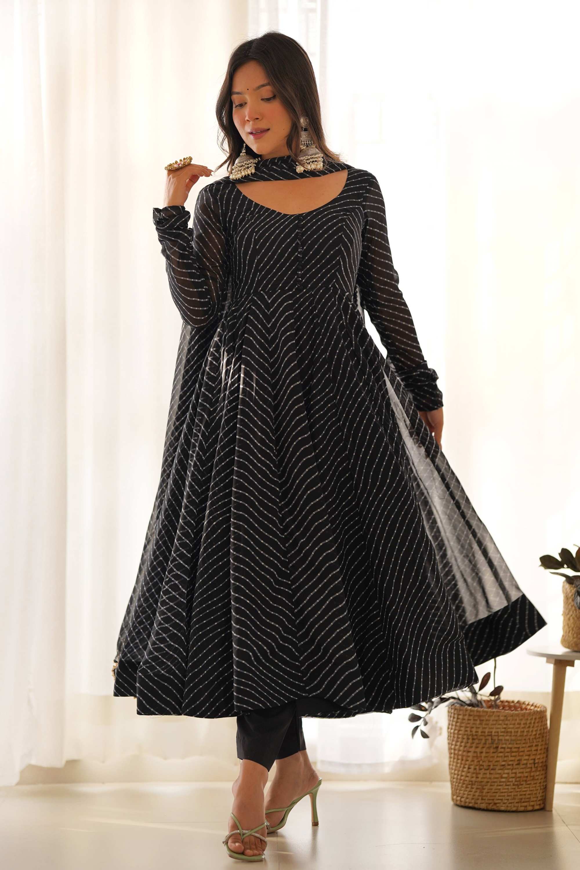 anarkali dress in black Stunning Black Laheriya Print Georgette Anarkali Suit with Dupatta