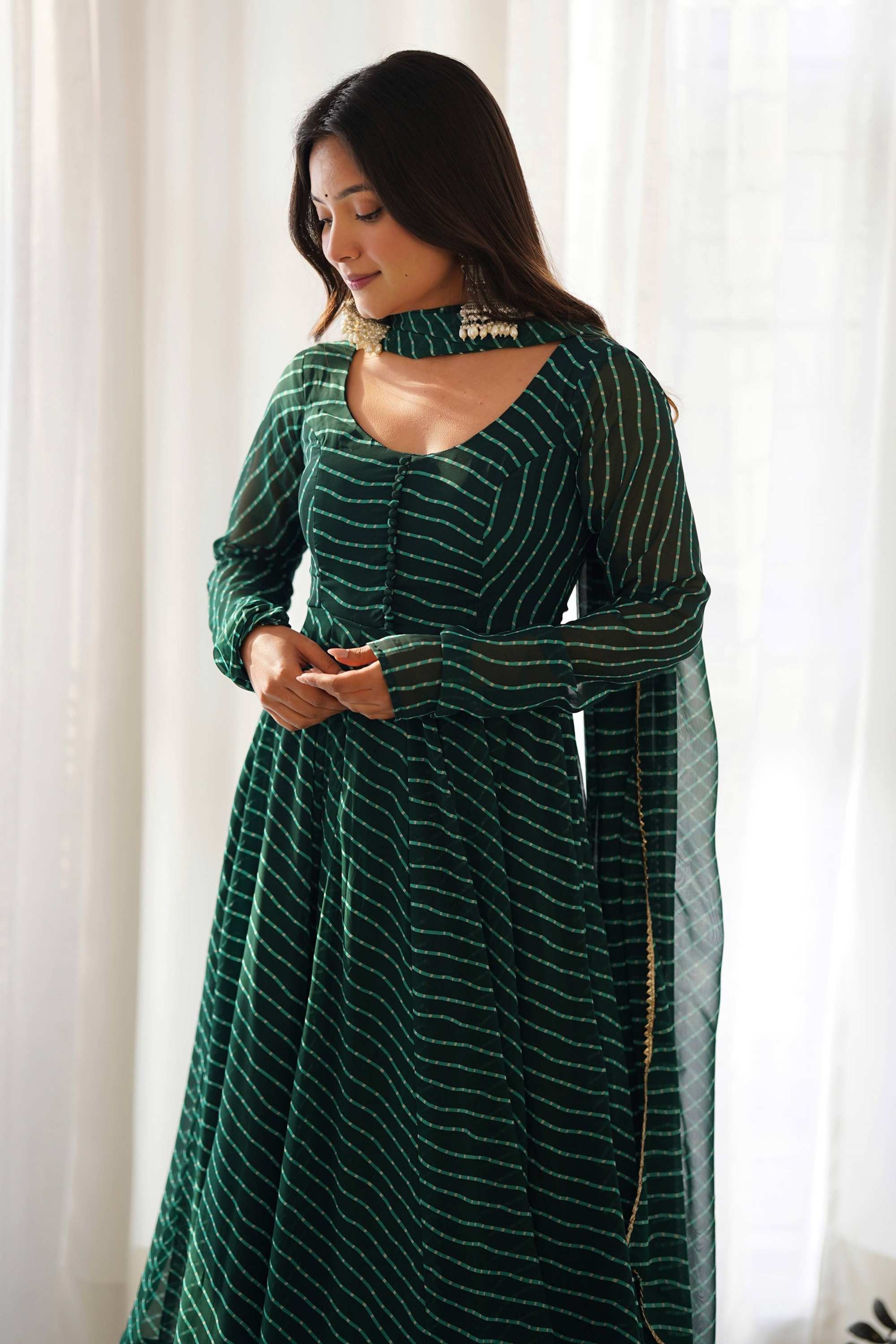 Exquisite Bottle Green Laheriya Print Georgette Anarkali Suit with Dup Exquisite Bottle Green Laheriya Print Georgette Anarkali Suit with Dup