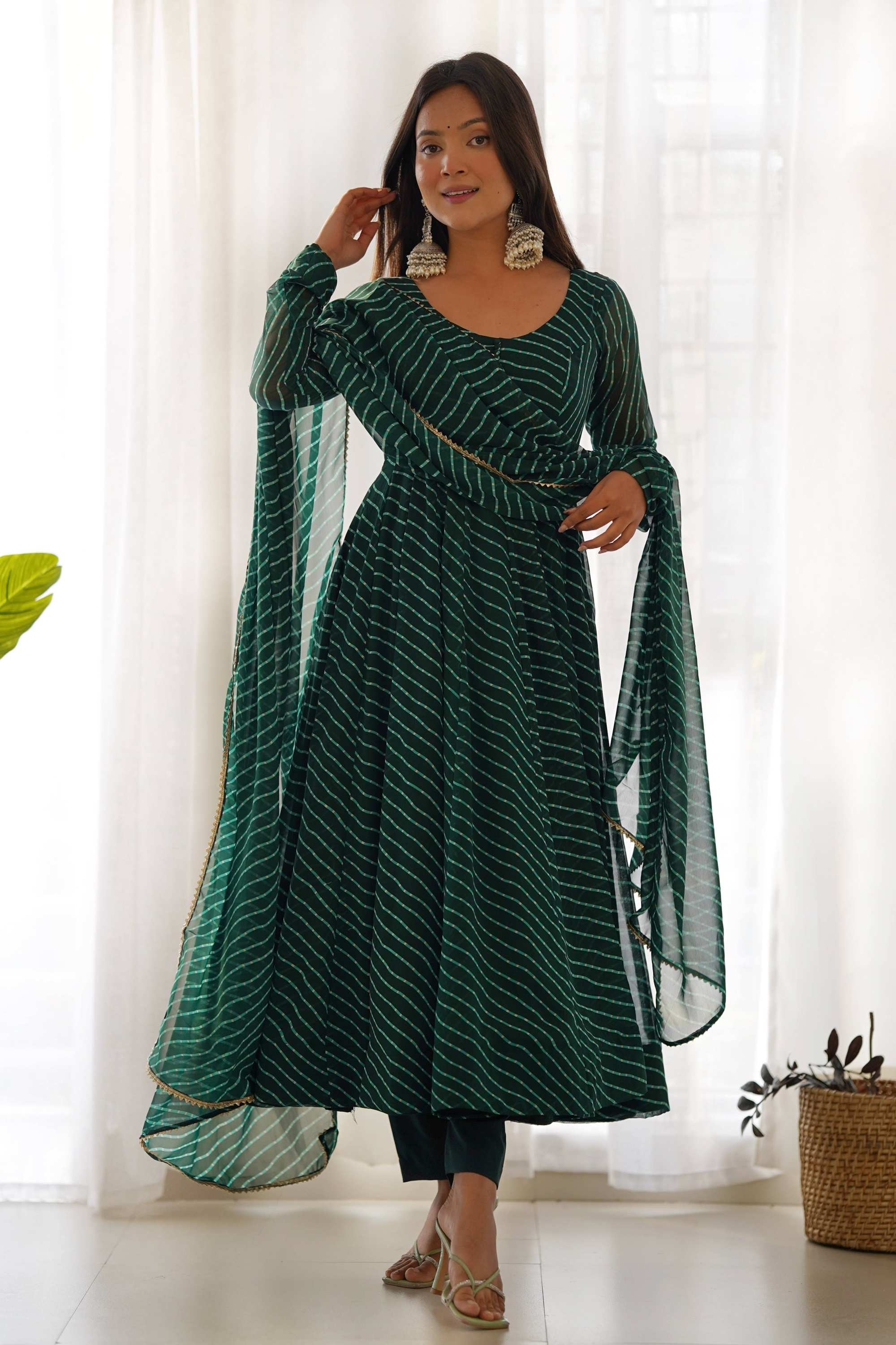 Exquisite Bottle Green Laheriya Print Georgette Anarkali Suit with Dup Exquisite Bottle Green Laheriya Print Georgette Anarkali Suit with Dup