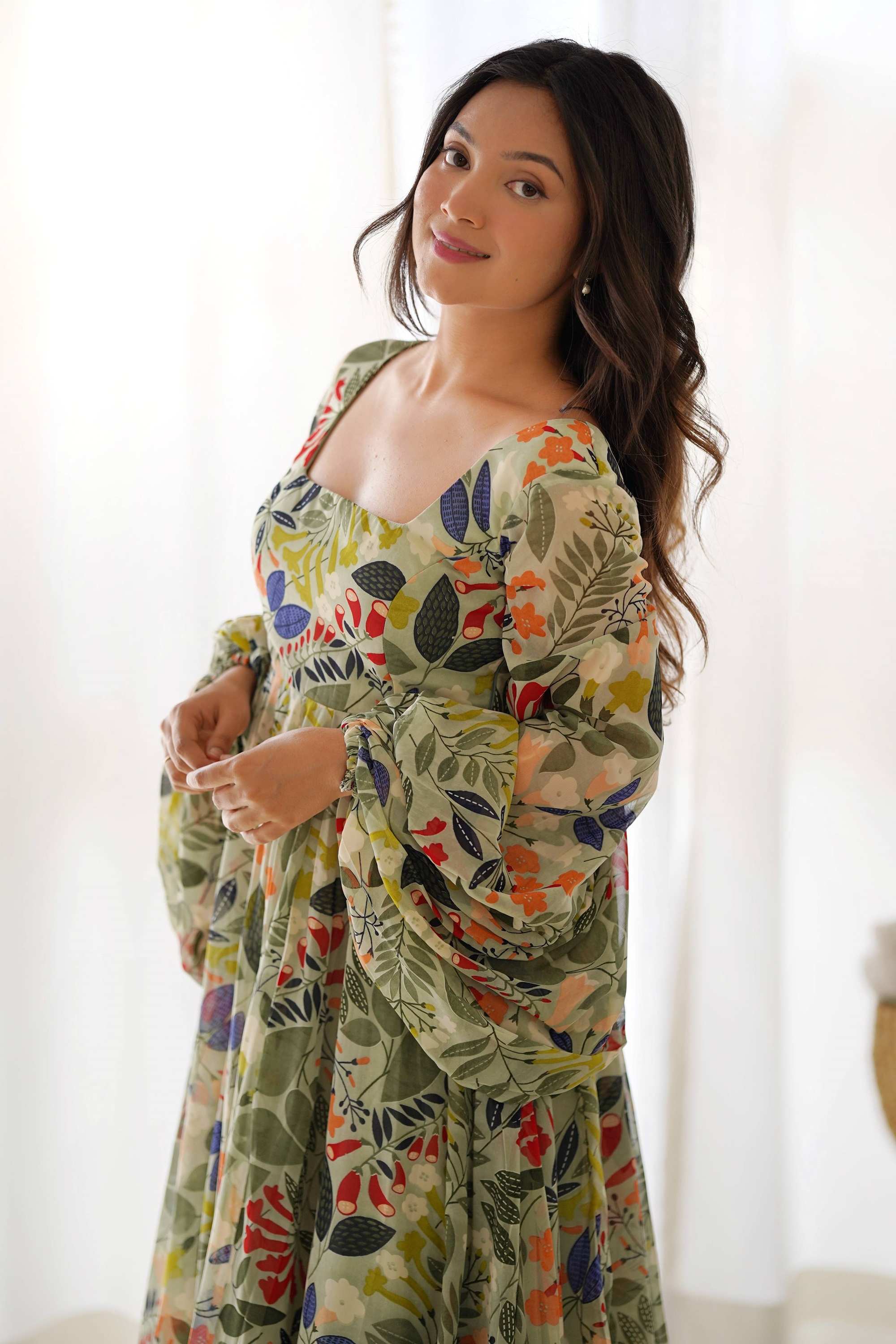 Elegant Floral Print Soft Fox Georgette Maxi Dress with Balloon Sleeve Elegant Floral Print Soft Fox Georgette Maxi Dress with Balloon Sleeve
