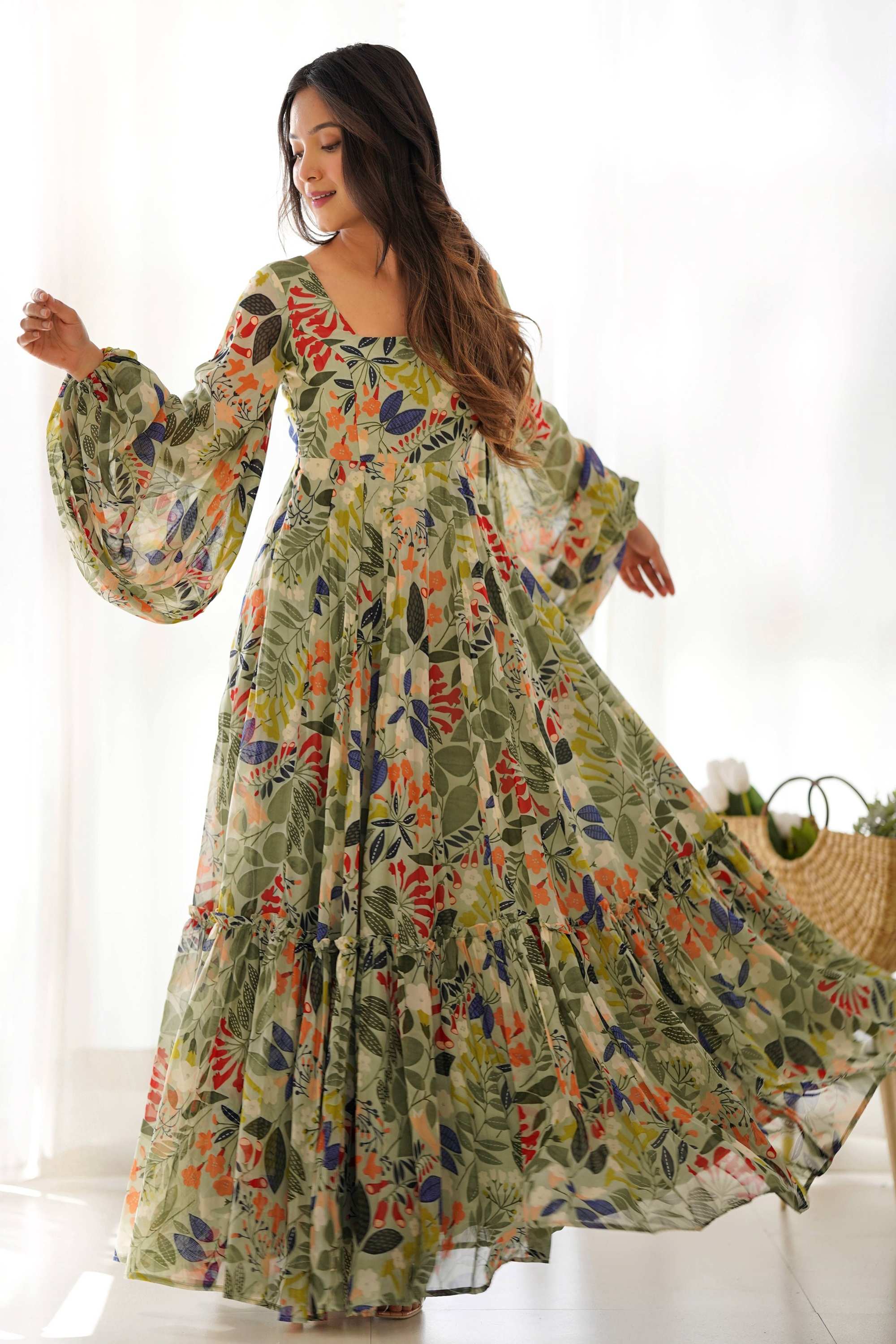 Elegant Floral Print Soft Fox Georgette Maxi Dress with Balloon Sleeve