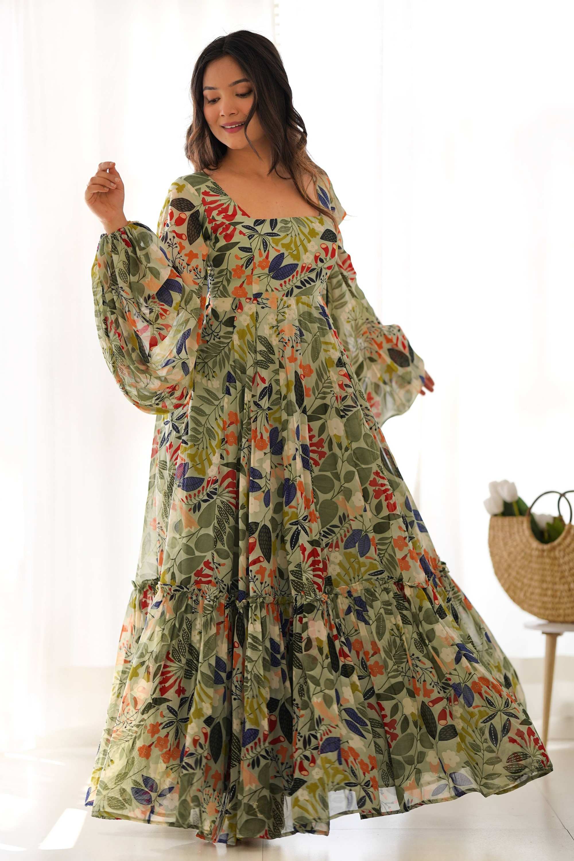 Elegant Floral Print Soft Fox Georgette Maxi Dress with Balloon Sleeve