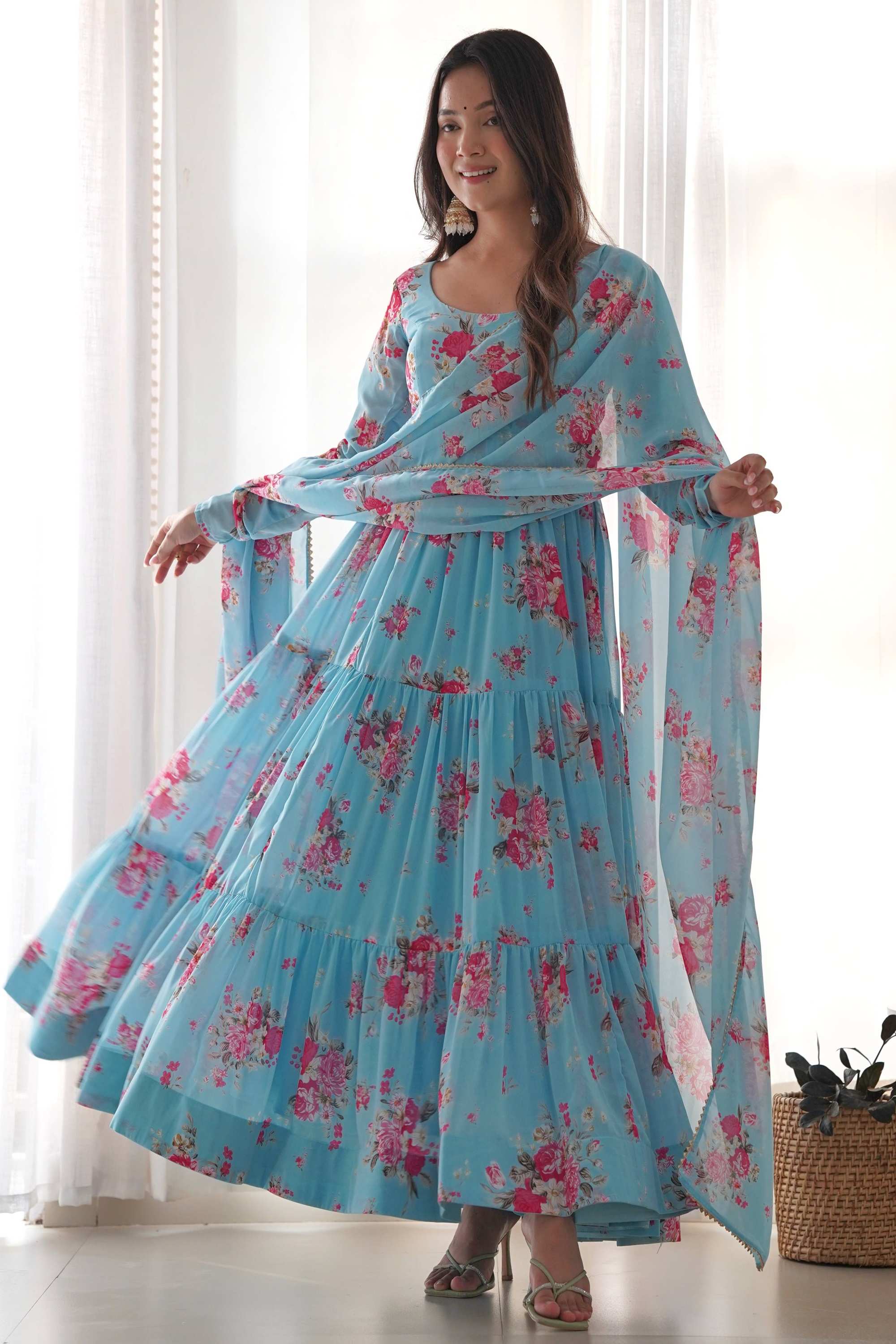 Elegant Sky Blue Floral Georgette Anarkali Set with Dupatta Ready to Wear XS Elegant Sky Blue Floral Georgette Anarkali Set with Dupatta Ready to Wear XS