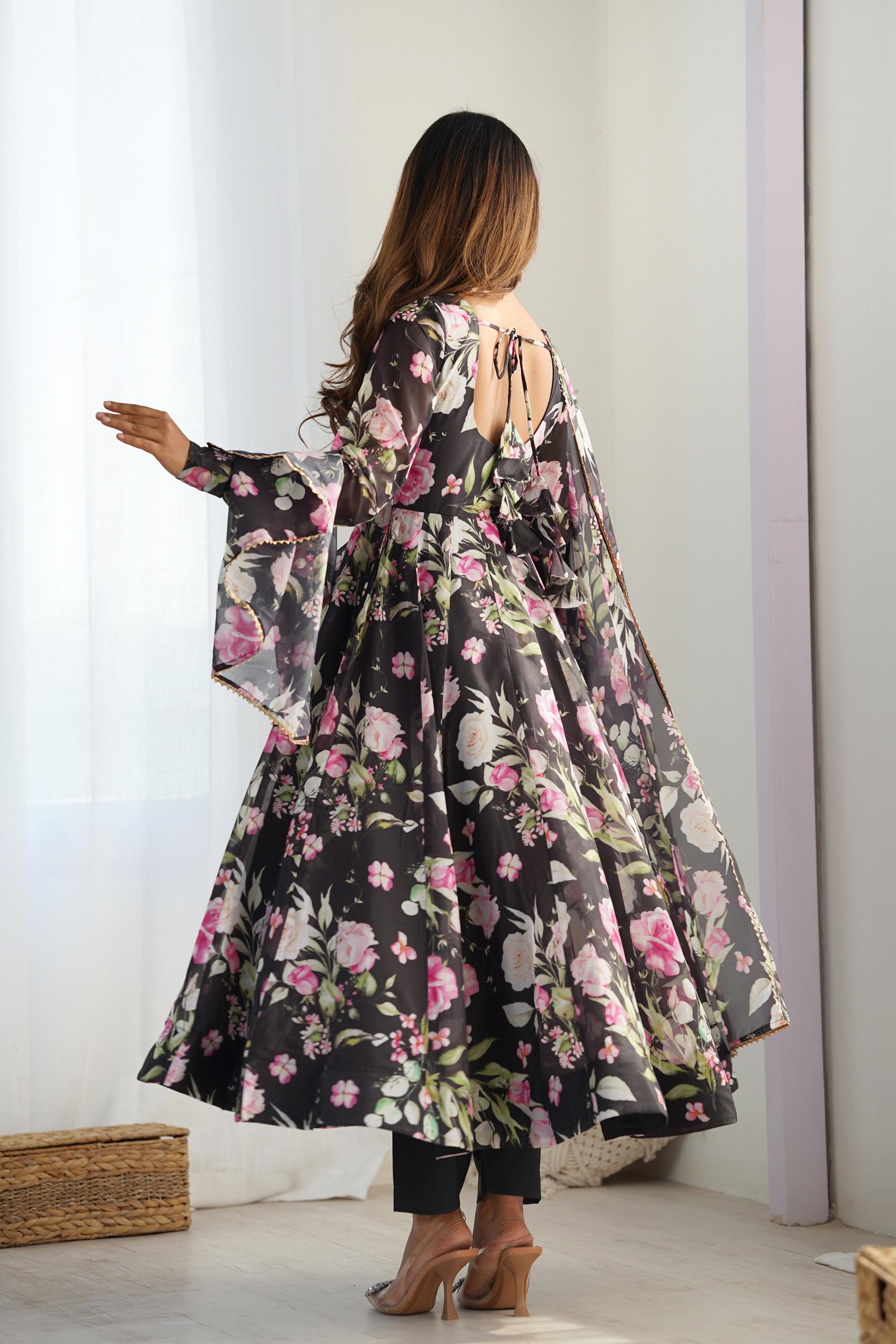 floral cotton anarkali dress Pink Floral Printed Cotton Anarkali Suit Set (ACZ6542)
