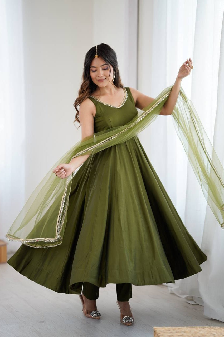 Mehndi Green Roman Chanderi Silk Fully Flair Anarkali Gown With Dupatta M - 38 Mehndi Green Roman Chanderi Silk Fully Flair Anarkali Gown With Dupatta M - 38