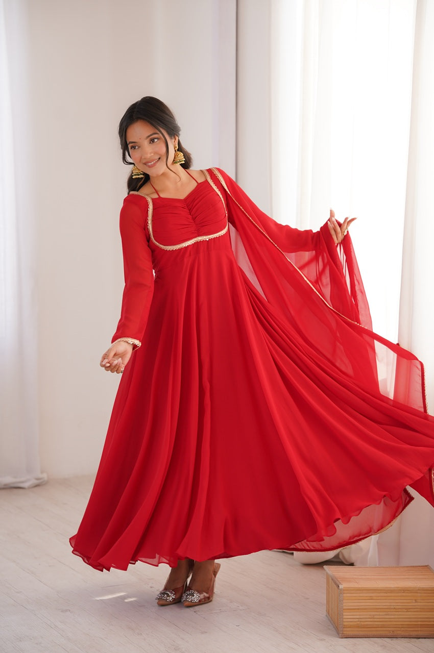Red Pure Blooming Georgette Anarkali Gown Red / XL-42 Red Pure Blooming Georgette Anarkali Gown Red / XL-42