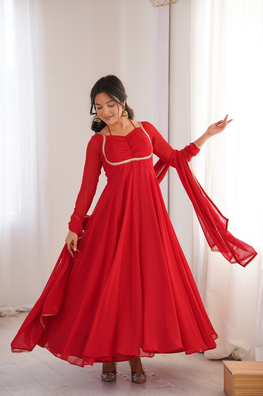 Red Pure Blooming Georgette Anarkali Gown Red / XL-42 Red Pure Blooming Georgette Anarkali Gown Red / XL-42