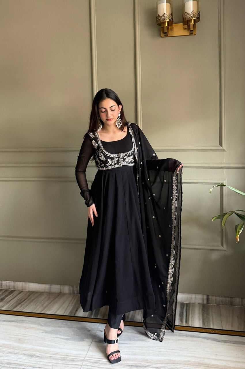 Jacket Style Black Anarkali Suit Set Party Wear Georgette Anarkali D Jacket Style Black Anarkali Suit Set Party Wear Georgette Anarkali D