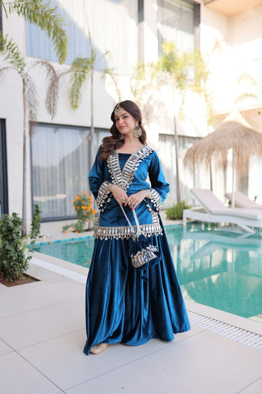 Very Soft Ice Velvet With Zari Embroidery Work Top Plazzo Blue / XL Very Soft Ice Velvet With Zari Embroidery Work Top Plazzo Blue / XL