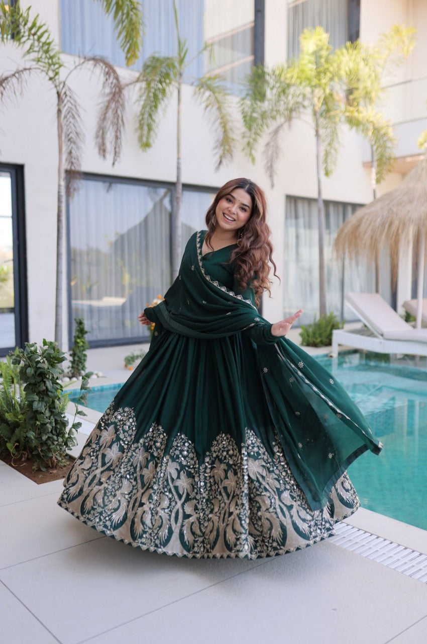 Green Sequins Embroidered Work Rangoli Crush Gown With Dupatta XXL - 44 Green Sequins Embroidered Work Rangoli Crush Gown With Dupatta XXL - 44
