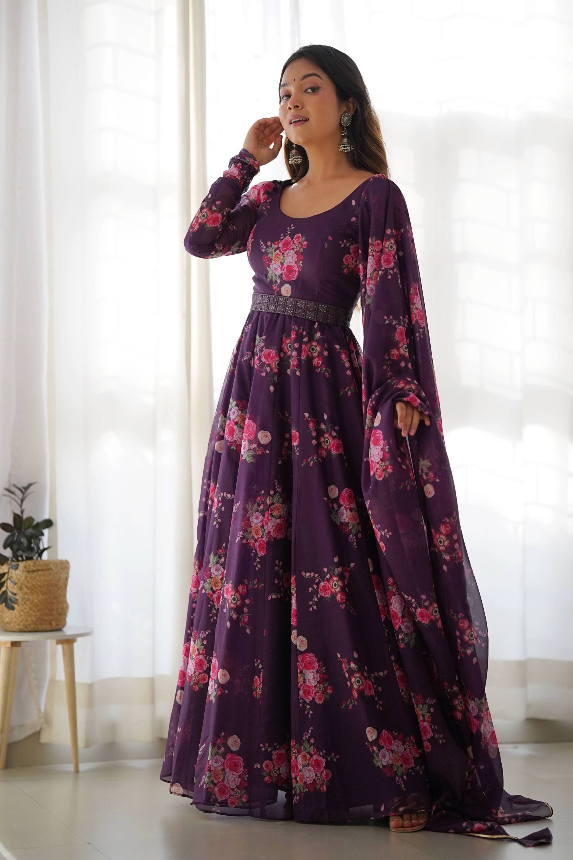 Organza Silk Wine Color Gown With Dupatta L Organza Silk Wine Color Gown With Dupatta L