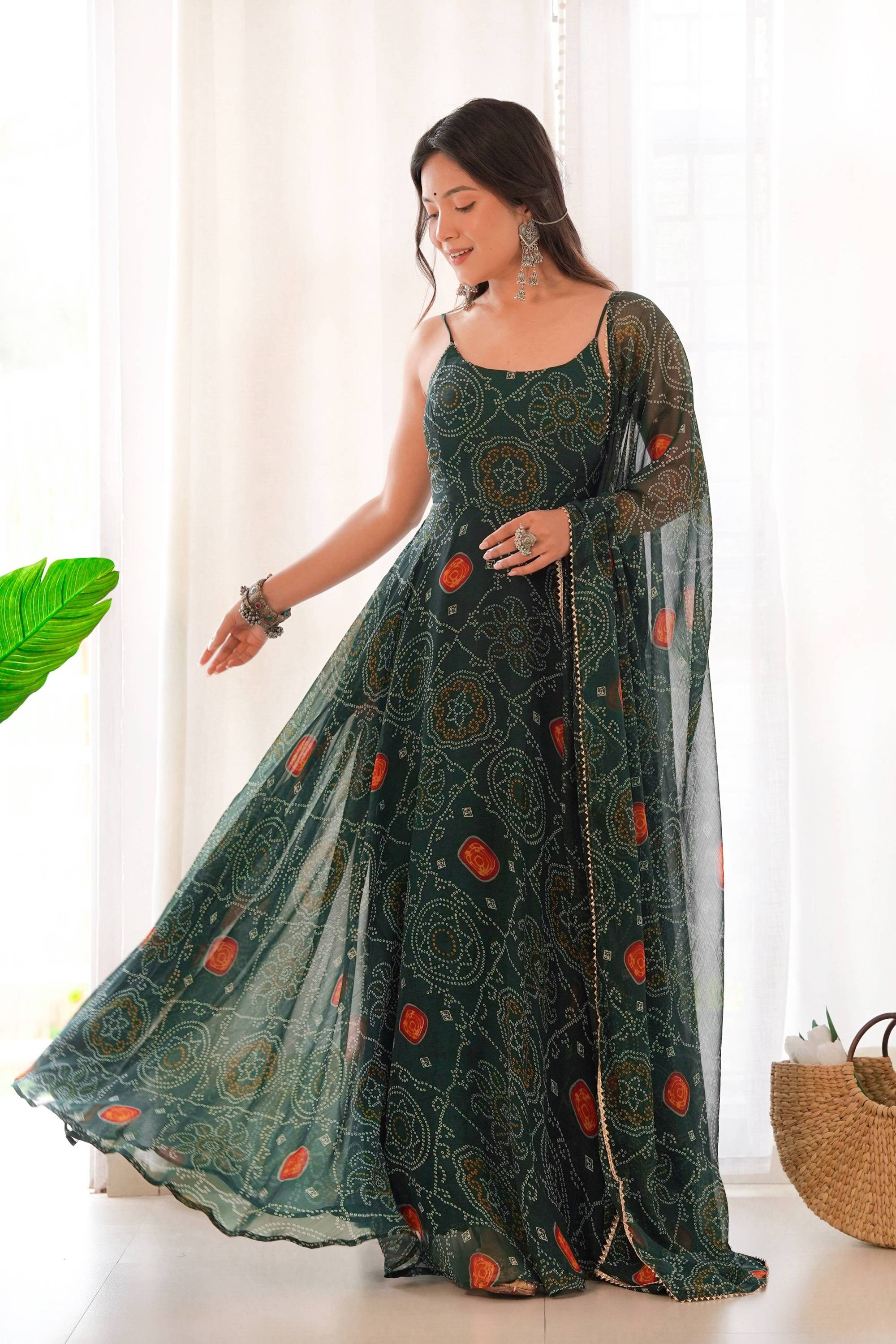 Green Bandhej Print Chiffon Gown with Dupatta - Lightweight & Flowy Green Bandhej Print Chiffon Gown with Dupatta - Lightweight & Flowy