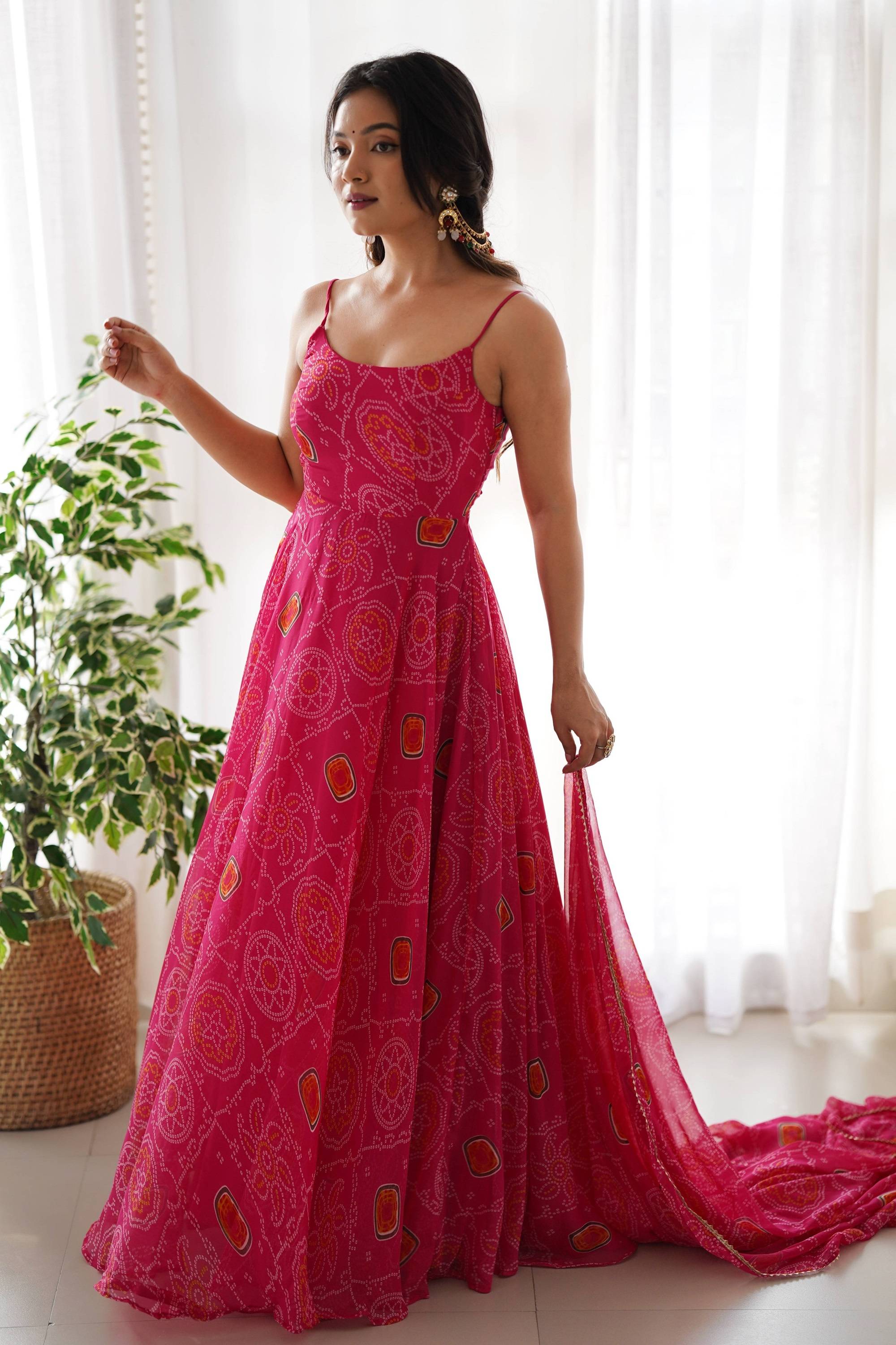 Elegant Pink Bandhej Print Chiffon Gown with Dupatta – Suratikart