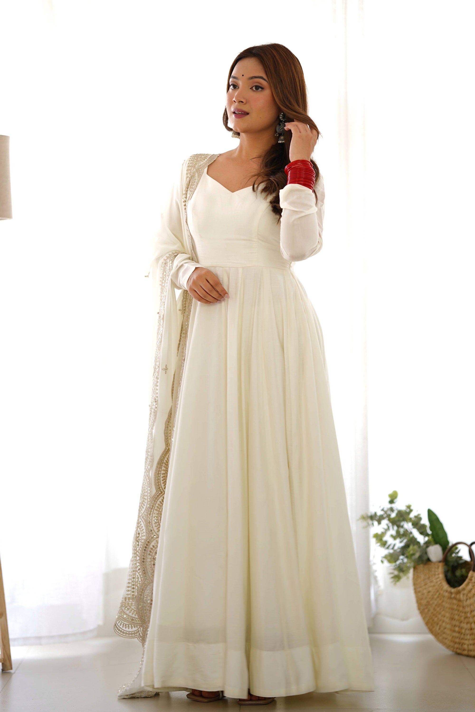 Exquisite White Heavy Pure Romansilk Anarkali Suit with Embroidery Seq