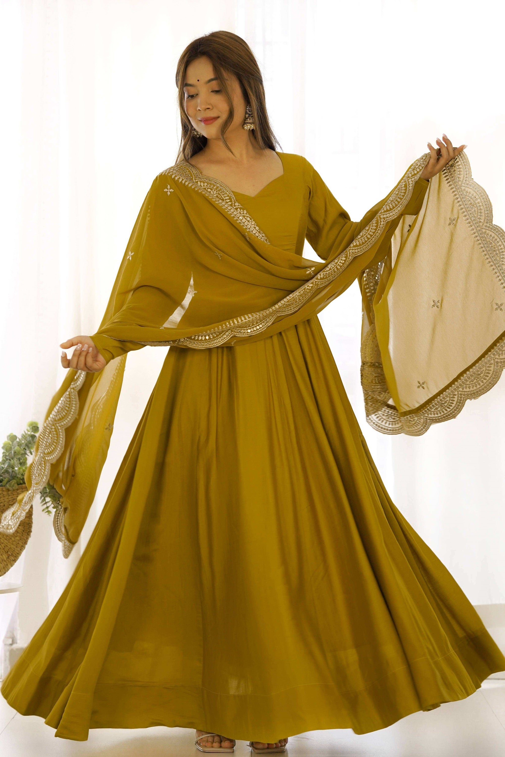 Mustard Chanderi Silk Anarkali Gown With Pant & Dupatta Set L - 40 Mustard Chanderi Silk Anarkali Gown With Pant & Dupatta Set L - 40