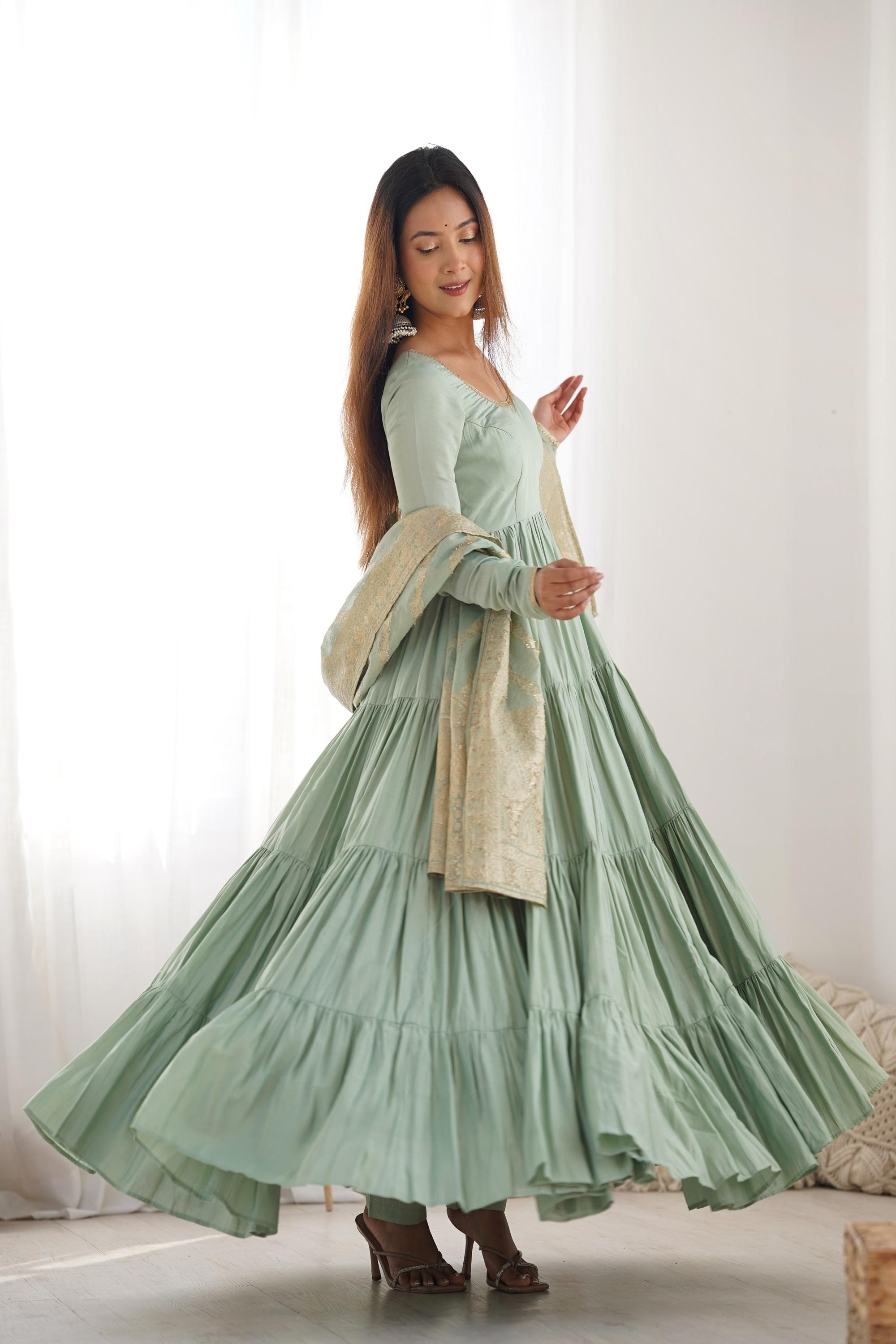 Pistachio Green Roman Silk Four-Layer Anarkali Gown Set