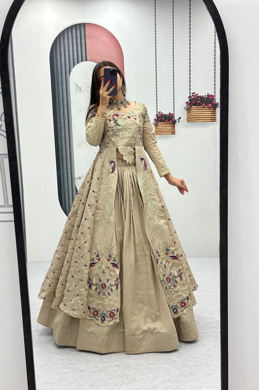 Cream Color Crop Top Lehenga with Embroidered Shrug Cream Color Crop Top Lehenga with Embroidered Shrug
