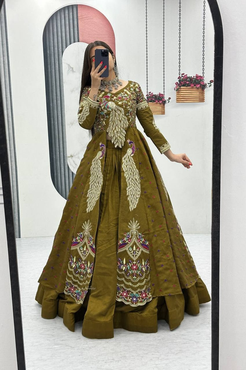 Mustard Green Crop Top Lehenga with Embroidered Shrug Mustard Green Crop Top Lehenga with Embroidered Shrug