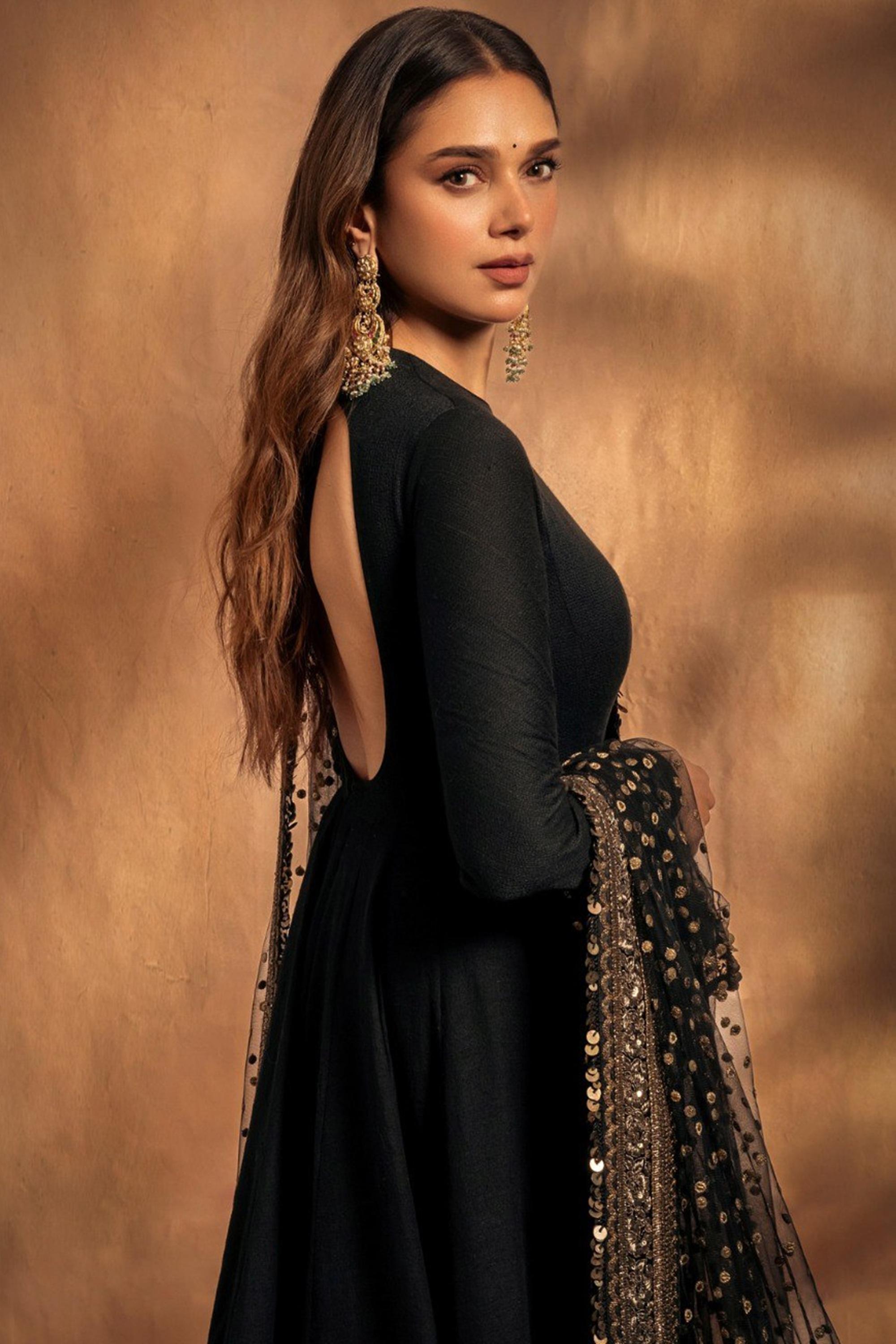 Aditi Rao-Inspired Black Rayon Embroidered Anarkali Suit Set