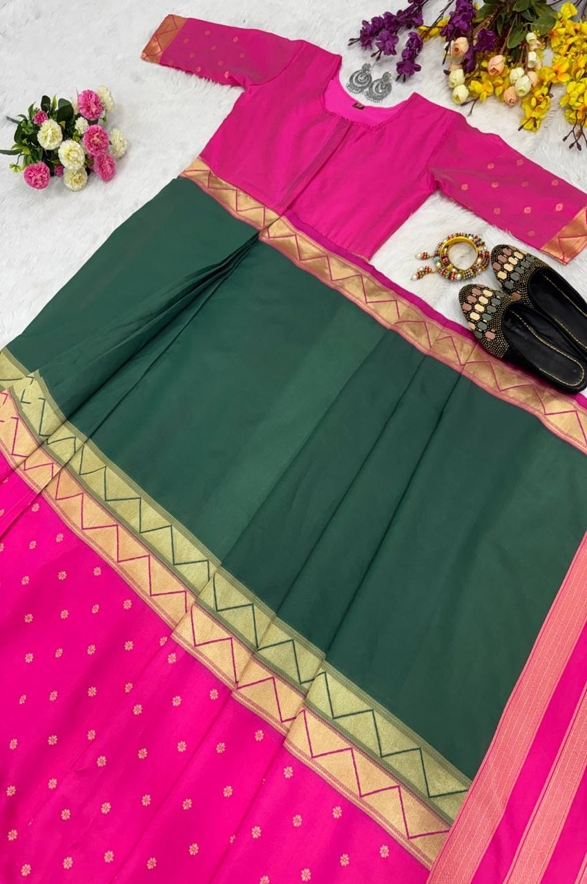Green and pink gown saree with floral decorations on a white background