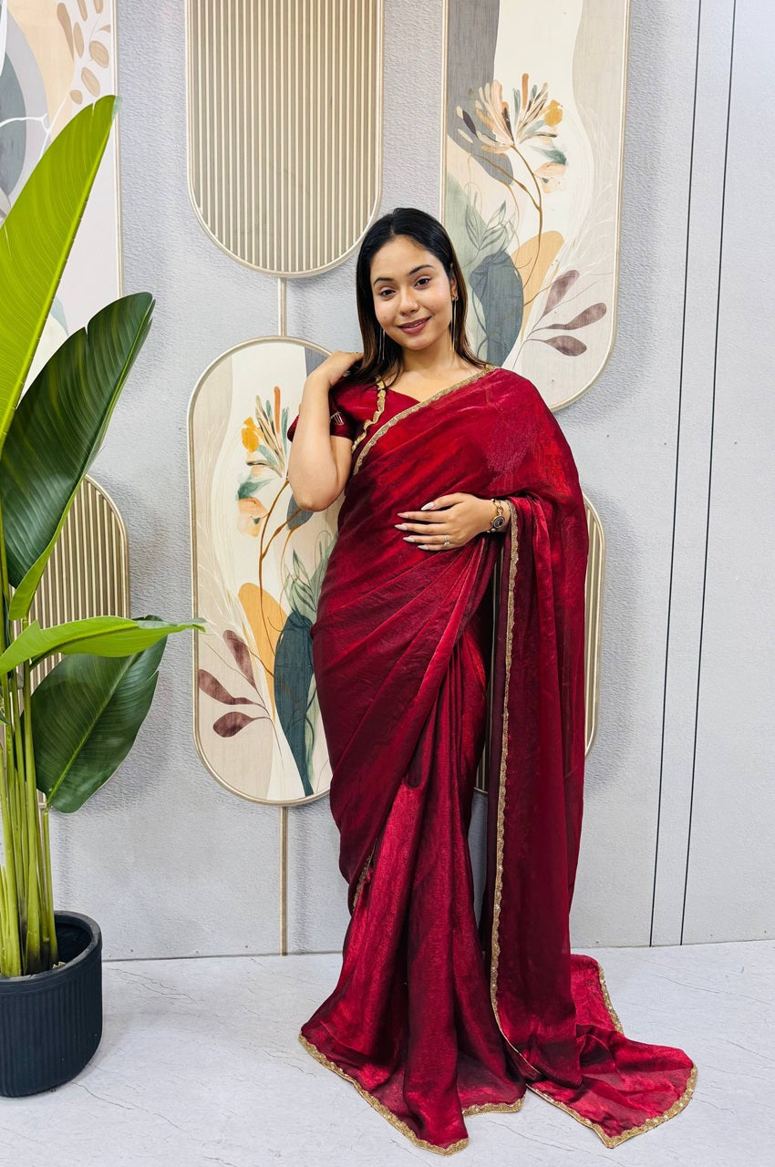 Arabian Red Space Silk Gown Saree with Beads Lace & Dupatta Arabian Red Space Silk Gown Saree with Beads Lace & Dupatta