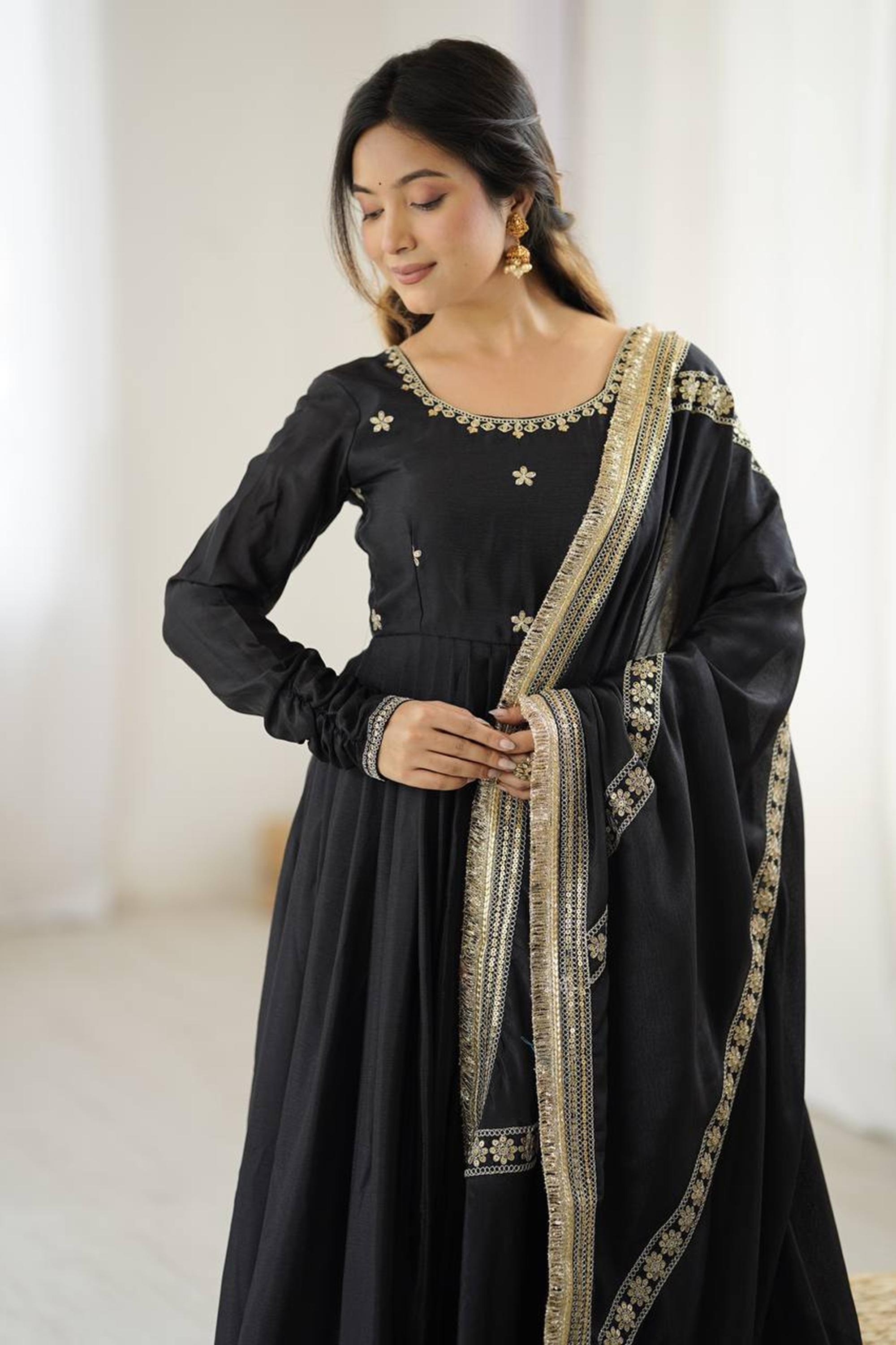 black and gold anarkali dress The Anarkali you always knew. Reimagined in black. Gold that glows against the darkest silk.From the Apsara Spring Bloom Collection 2026 jet black premium organza anarkali gown featuring scattered gold butti