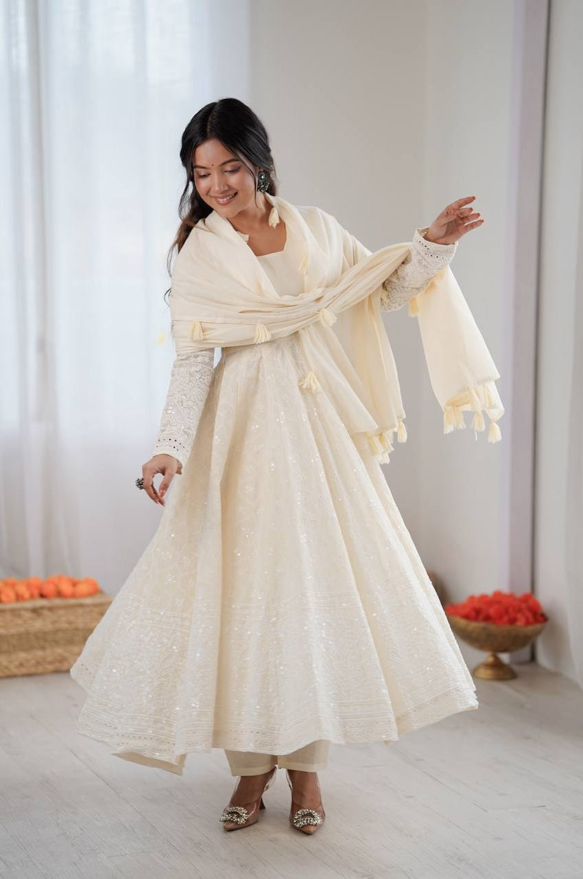Off White Lucknowi Anarkali Suit Set