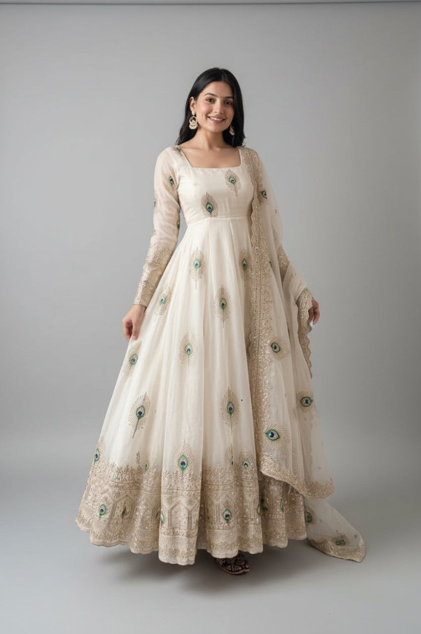 A woman modeling a long cream-colored traditional dress with intricate gold embroidery and green peacock feather motifs, paired with a matching sheer dupatta, in an indoor setting with a beige wall and dark wood floor.