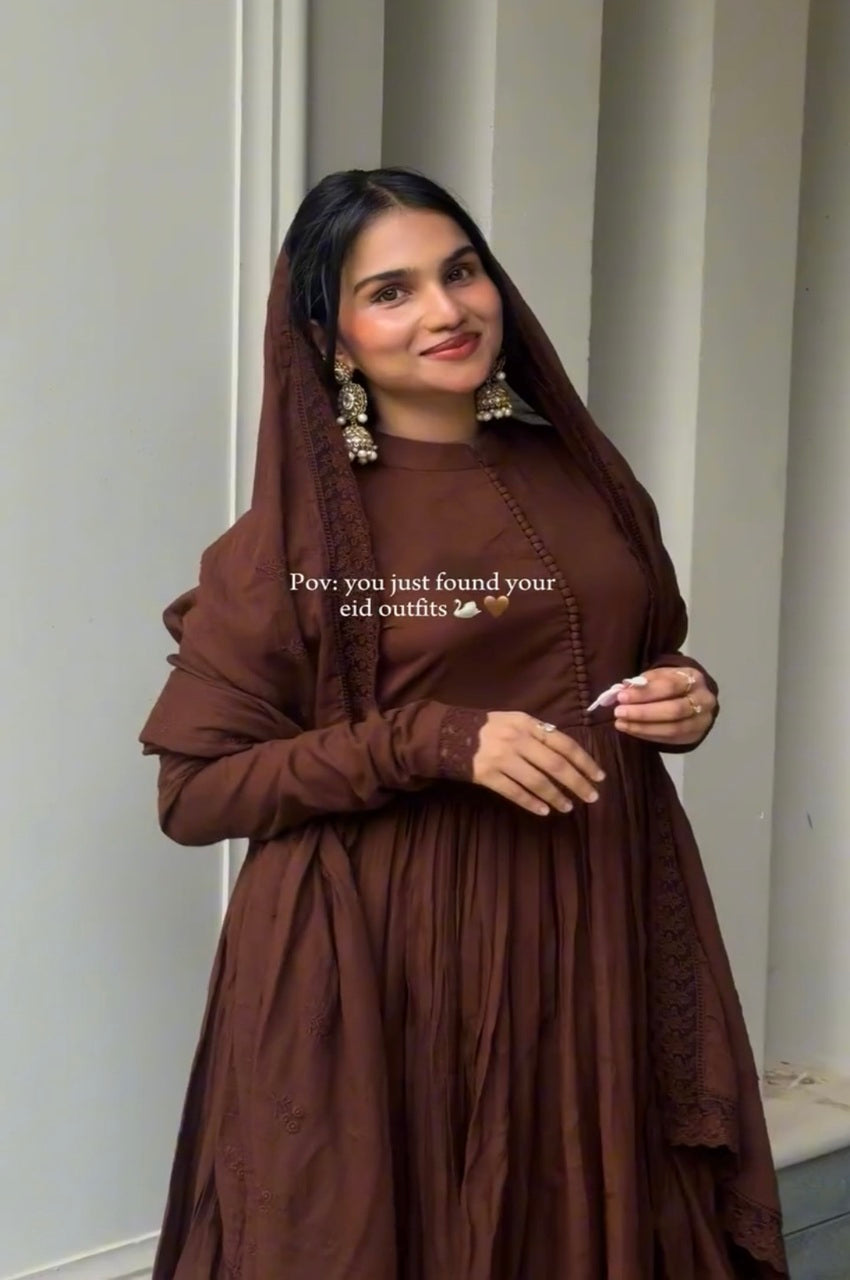 Brown Roman Silk Embroidered Anarkali Gown Set with Dupatta