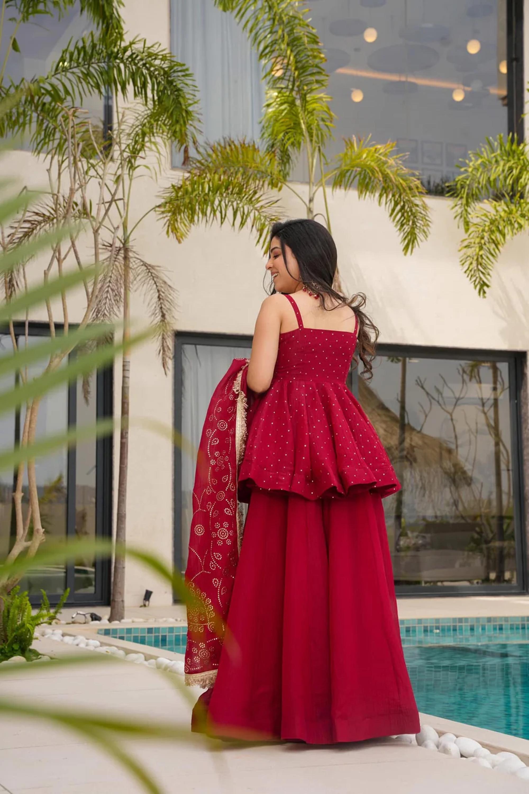 red plazo dress Party Wear Dress Red Embroidered Top With Palazzo Indo Western Ethnic Set for Women Embroidered Short Kurti With Palazzo & Dupatta